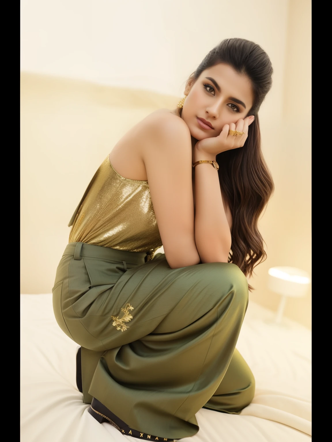 araffe woman sitting on a bed with a green pants and a gold top, print ready, actress, with a cool pose, edited, by Emma Andijewska, modeling shoot, stylish pose, solo photoshoot, profile pic, cool pose, posing!!, with lovely look, ❤🔥🍄🌪, beautiful, closeup portrait shot, full body photogenic shot