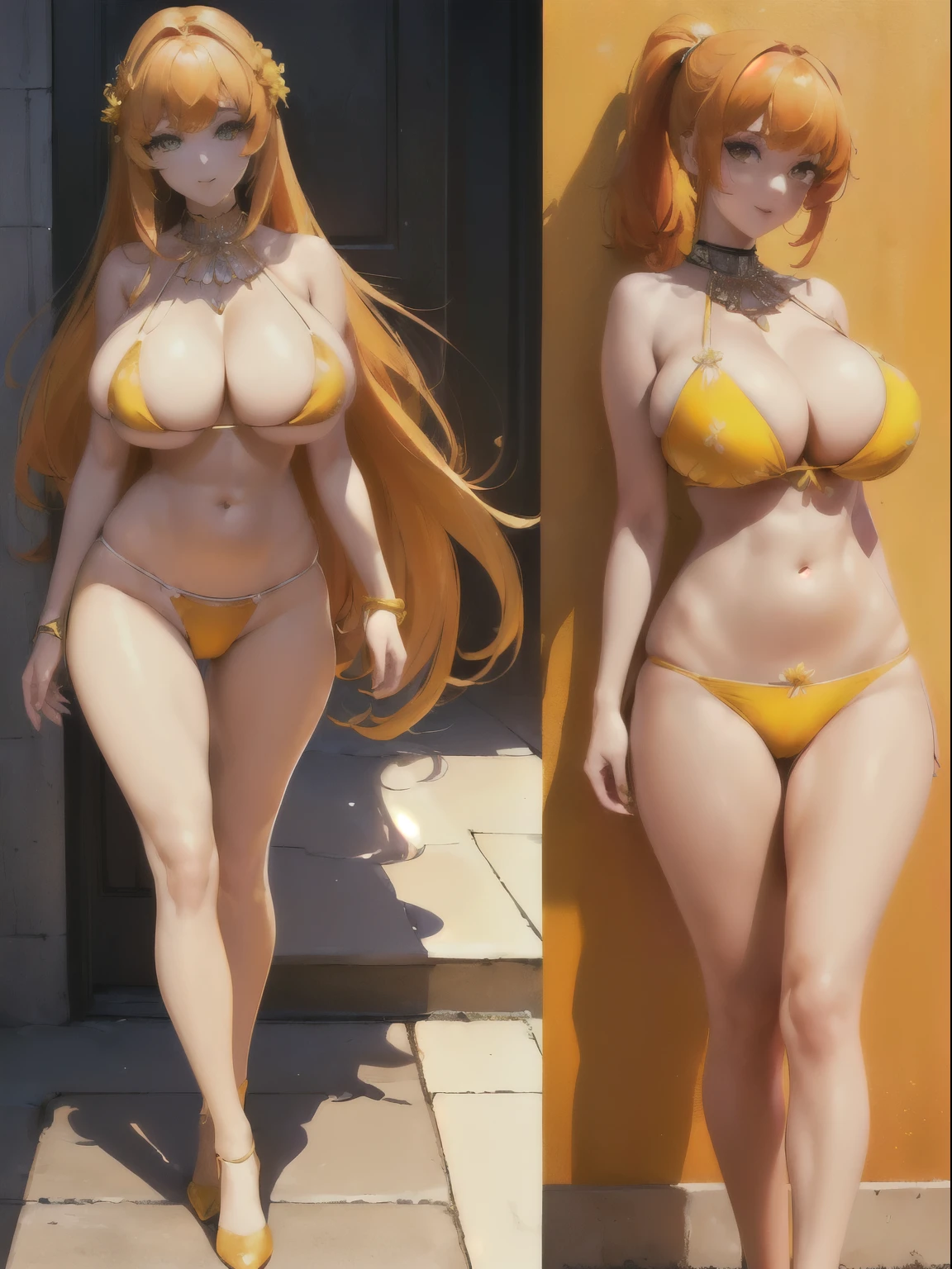 (top-quality: 1.3), (​masterpiece: 1.3), (The ultra-detailliert: 1.3), (wall-paper, one girls), ([Diamonds: 1.3|The eye]:1.2)、(Perfect beautiful yellow bikini:1.5)、(orange color hair:1.3)、Longhaire、poneyTail、(Beautiful Large Breasts:2.0)、fullllbody、Citizen Pool、Outdoor pool、ssmile、is standing、sexypose、all-fours