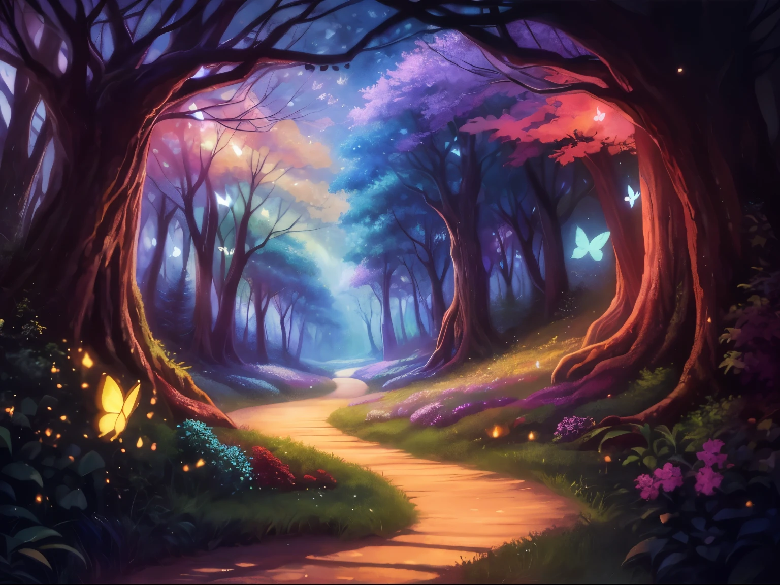 A painting of a path through a forest,Butterflies flutter around, enchanted magical fantasy forest, enchanted and enchanted forest, magical fantasy forest, magic fairy forest, enchanted forest backround, enchanted forest, fairy forest, fantasy forest, enchanted forest in the background, magical scenery, magical environment, magical background,psychedelic forest
