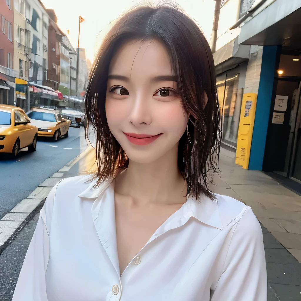 ((highest quality, 8k, masterpiece: 1.3)), sharp focus: 1.2, beautiful woman with perfect figure: 1.4, slim abs: 1.2, (layered hairstyles,: 1.2)), (wet white button long shirt: 1.3), rain: 1.3, street: 1.2, wet body: 1.1, night、 Highly detailed face and skin texture, fine eyes, double eyelid, big breasts, smile, clavicle、beautiful clavicle、Berry Short、shortcut、