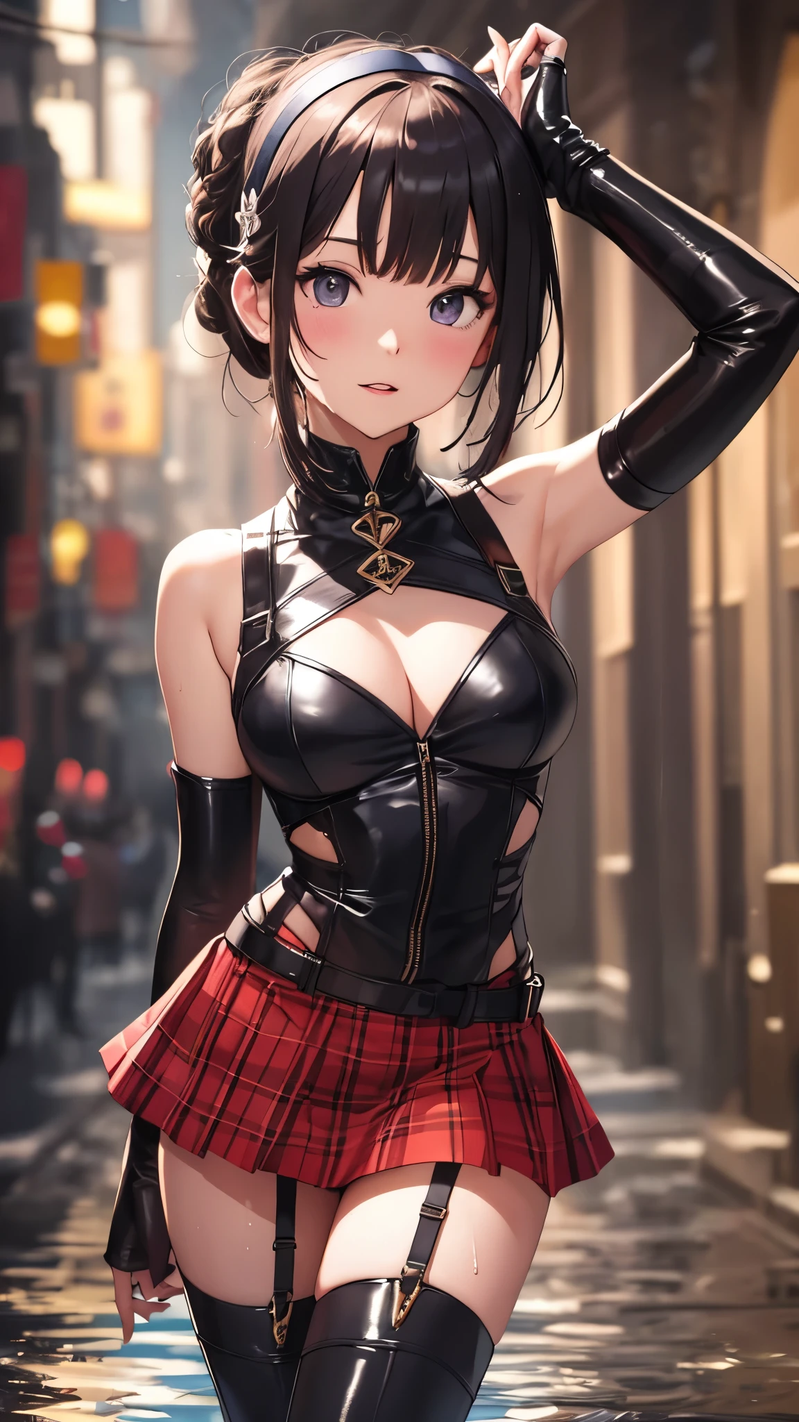 High resolution, woman , good lighting, despicable, , (No nudity), (((レザータイトmini skirt))), ((tight leather top)), (((leather thigh high boots))), (garter belt), abdomen only, (wet shorts),  ,  cute face, I&#39;m embarrassed and blush, humiliating, ((spread your legini skirt))