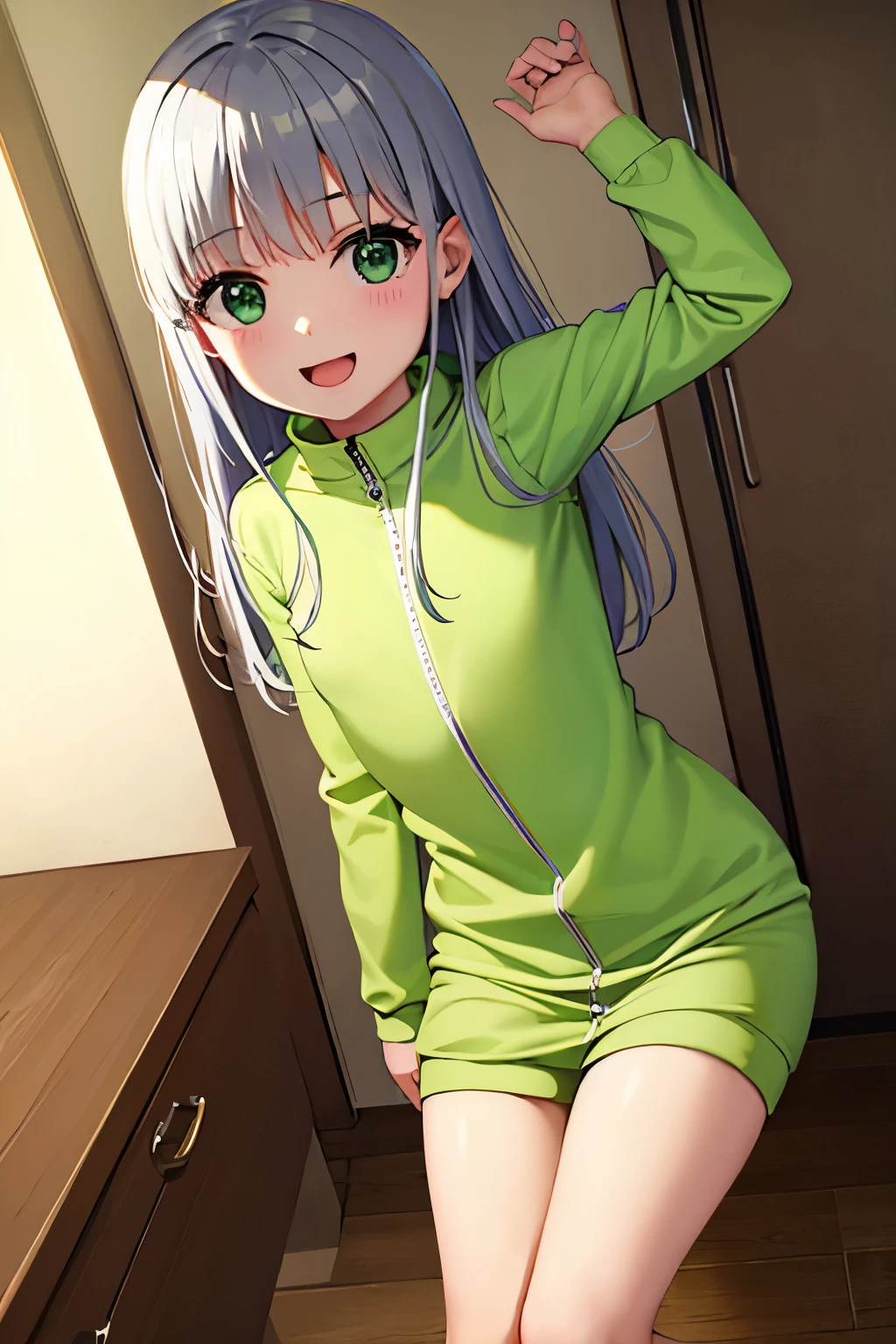 Cabello largo plateado, ojos verdes, headband, cycle jacket, flat breast, sonrisa, happy, muslos hermosos, inside house