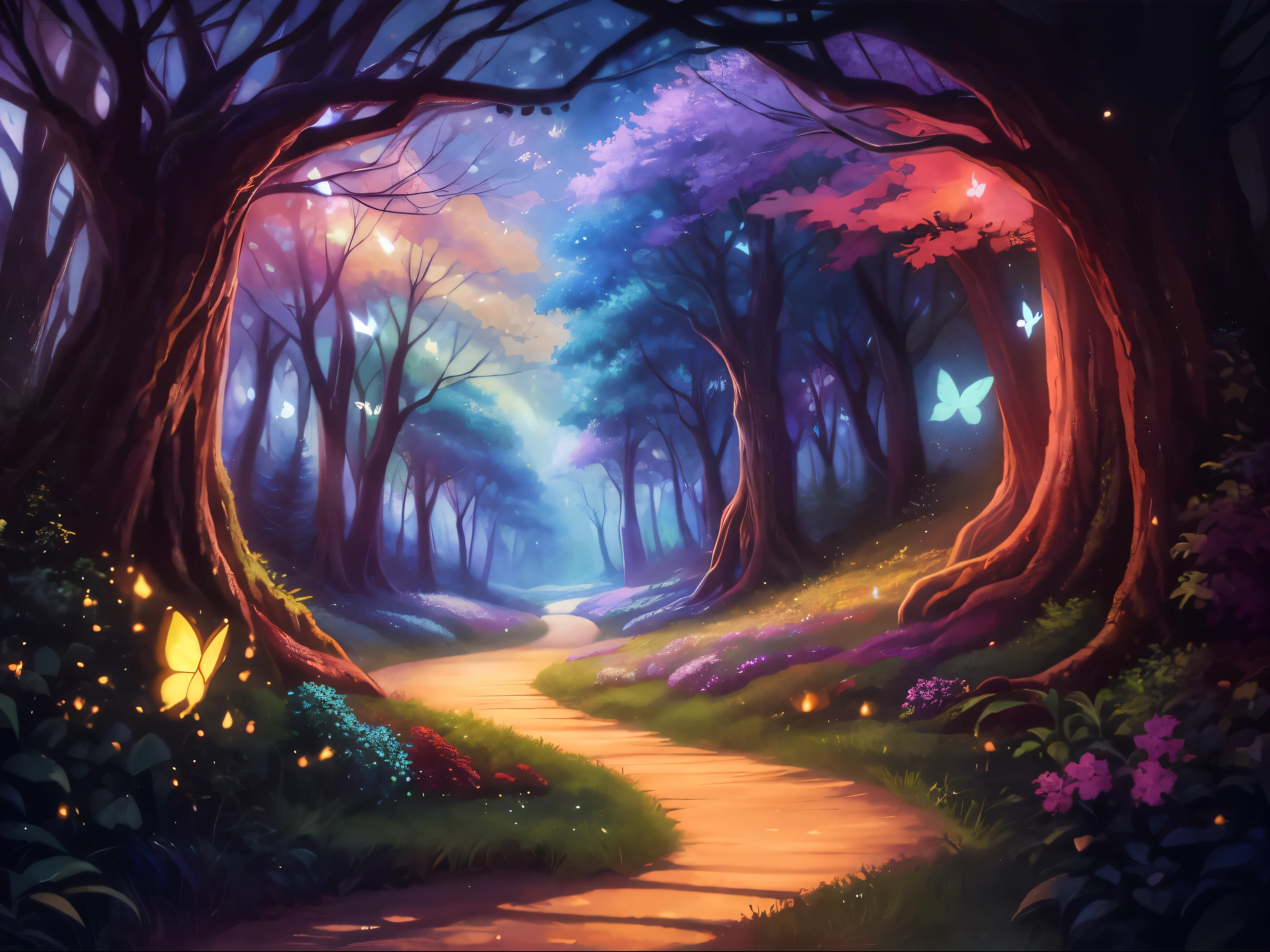 A painting of a path through a forest,butterflies flying around, enchanted magical fantasy forest, enchanted and enchanted forest, magical fantasy forest, magic fairy forest, enchanted forest backround, enchanted forest, fairy forest, fantasy forest, enchanted forest in the background, magical scenery, magical environment, magical background,psychedelic forest