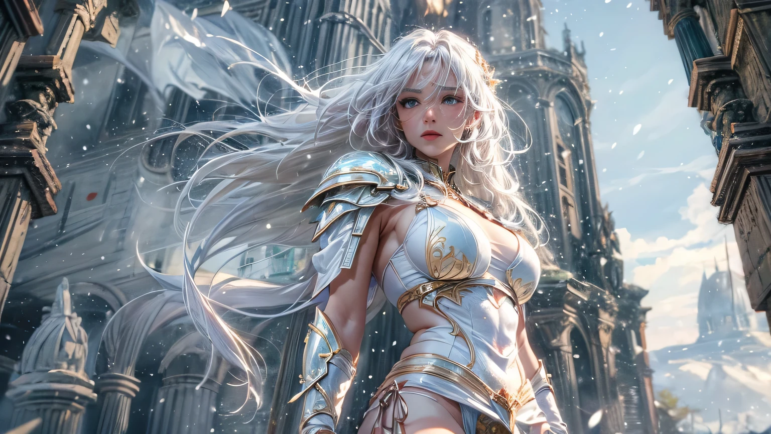 4K, ((very delicate))realistic, high resolution, that'It's snowing, burning , collapsed castle wall, alone, silver-white hair, long hair, tear, woe, look at the viewer, (detailed face), super super big, 1 long sword, with a knife in hand, fantasy world, big bust, thick thighs, enlargement, bikini style white dress, wearing armor, 20 years old, her profile,