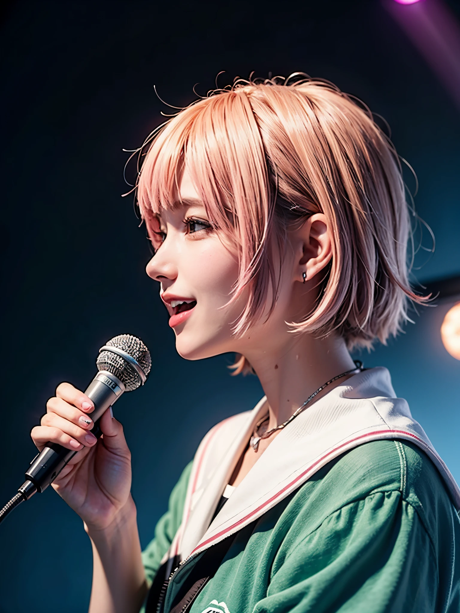 highest quality, wide angle, male, profile, open your eyes wide, brown eyes, pink hair, short hair singing, microphone, smile,  bright colors