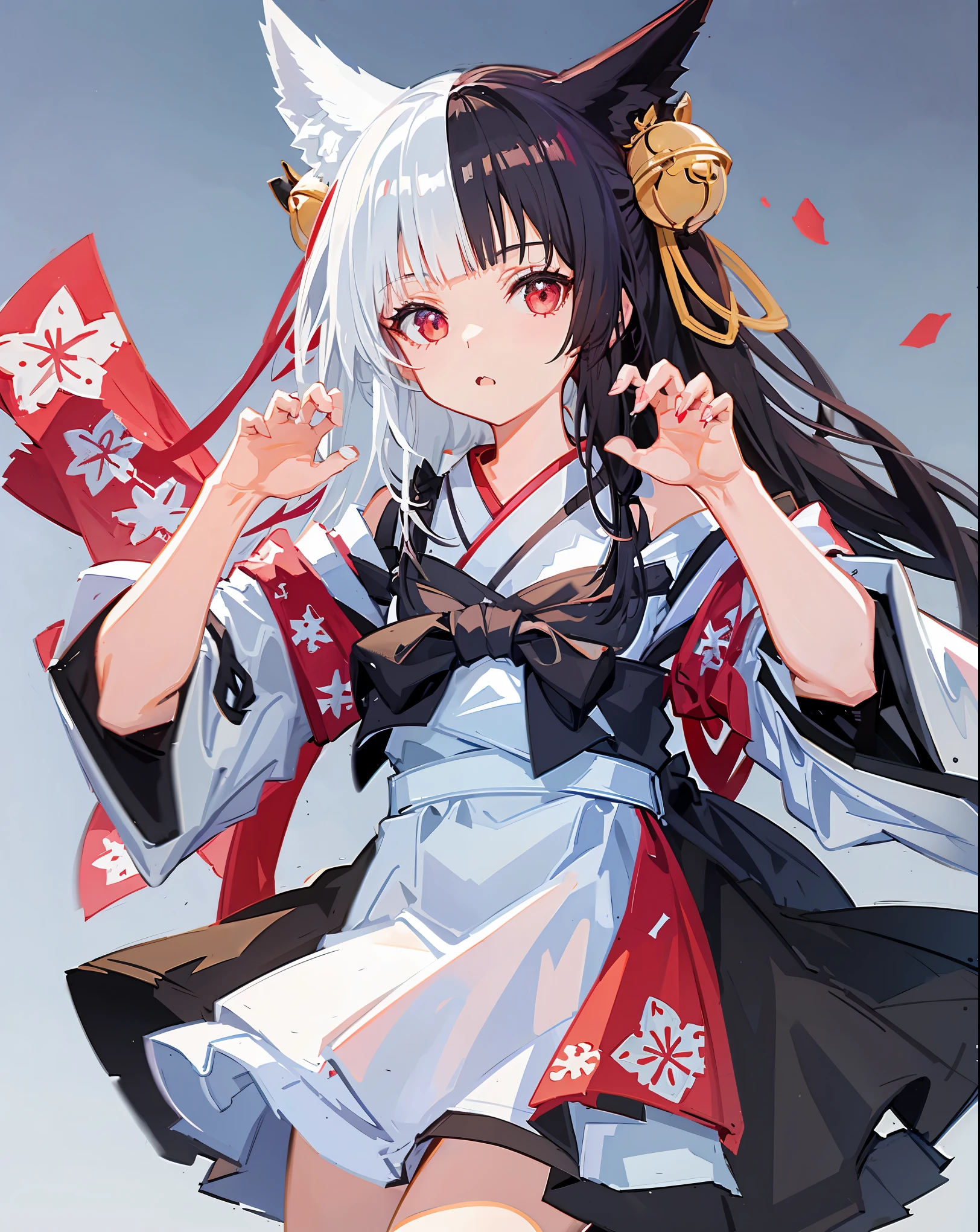 1 girl,alone,Fox_ear,alice manabelle, open your mouth, closed mouth, Upper body, (claw pose),skin fang, kimono