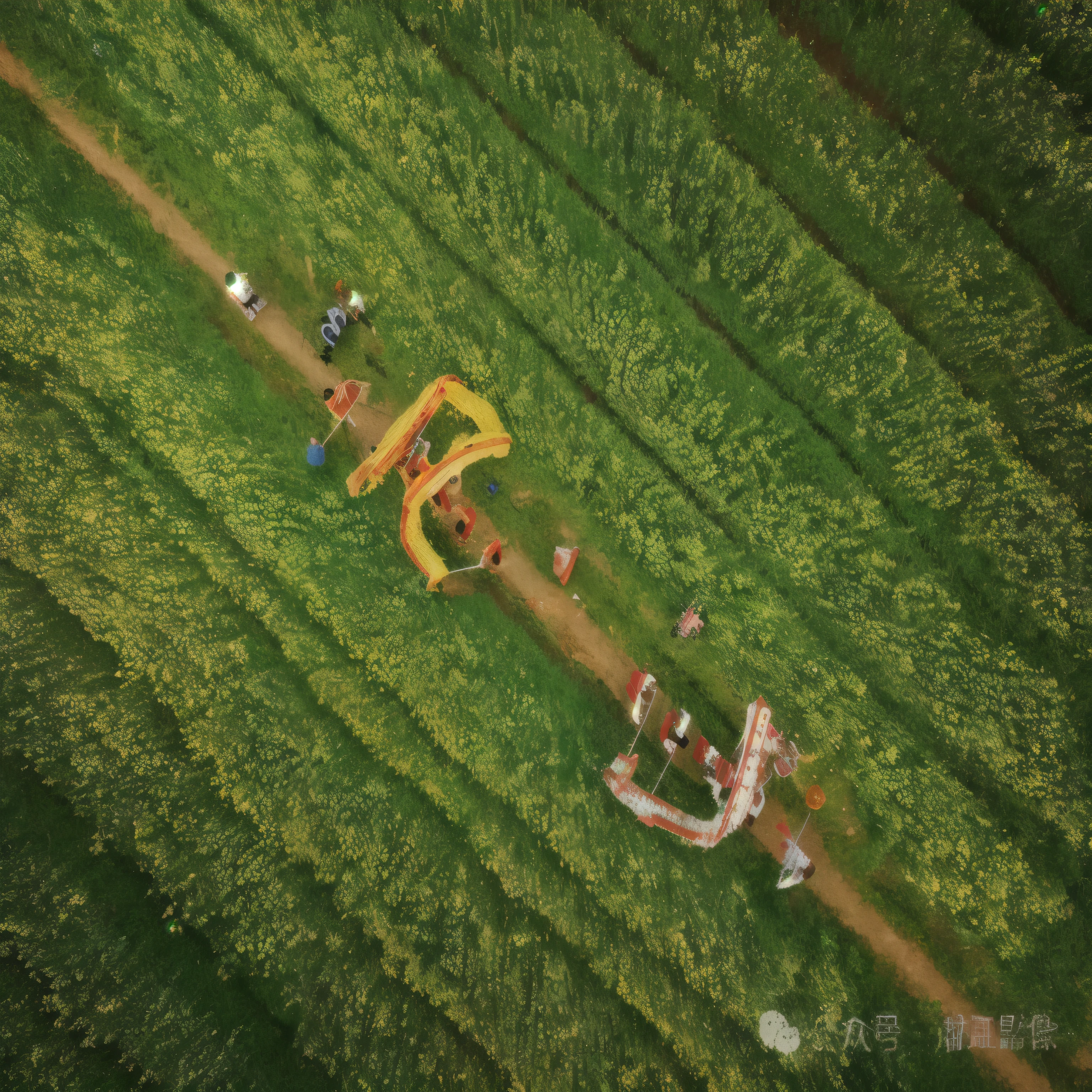 View of tractor and tractor trailer in field, Huanglongtou Festival, shooting from a drone, award-winning shooting, award - winning shooting, drone photography, agriculture, shooting, top down photograph, sha xi, drone photography, shooting from drone, 4k drone photography, a colorful, straw, by Xia Yong, top down photo