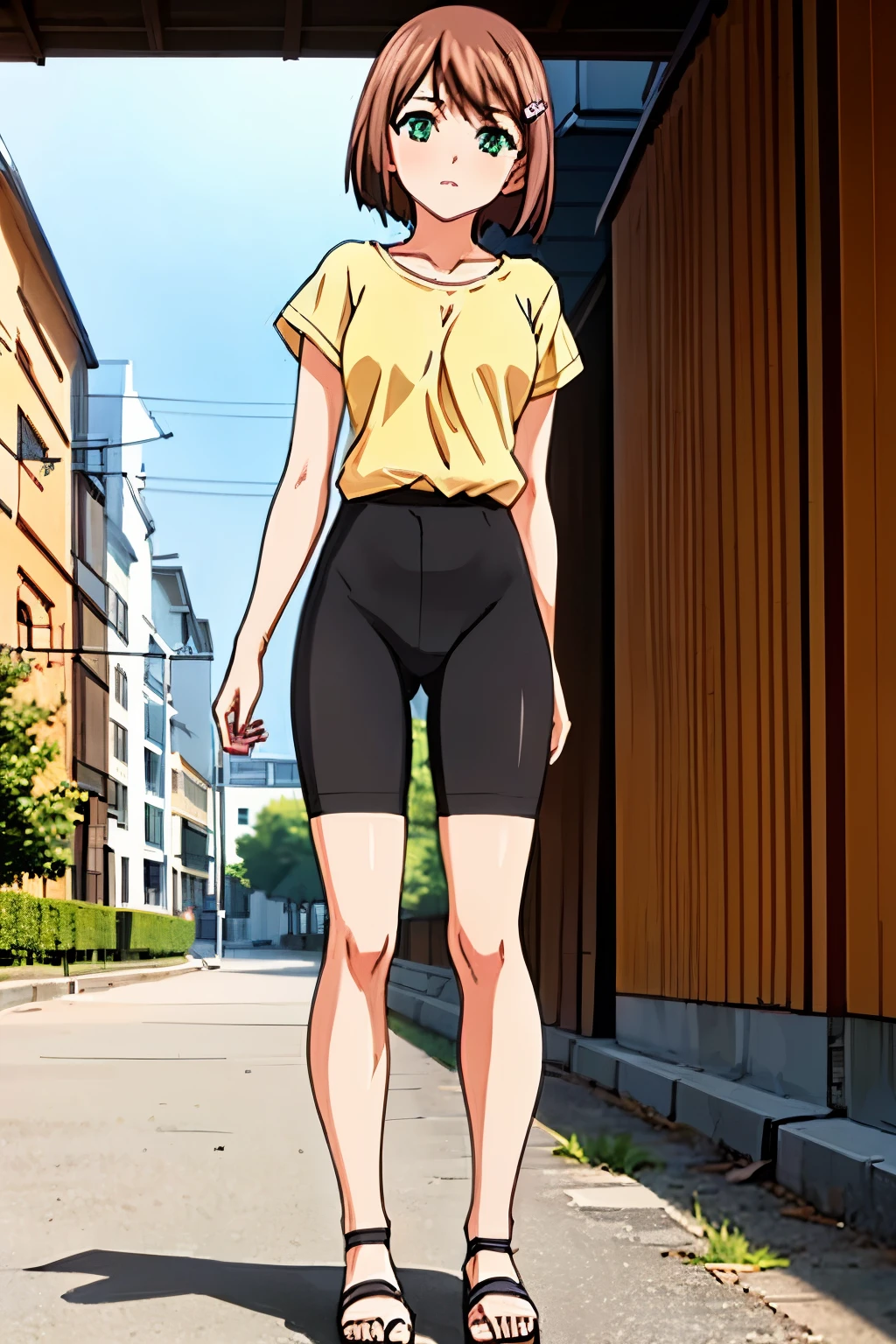 1girl, perfect face, hdr, moemiv1, brown hair, short hair, hairclip, green eyes, medium_breast, tucked shirt, yellow shirt, short_sleeves, bike_shorts, pov, white socks, brown sandals, full body, standing,