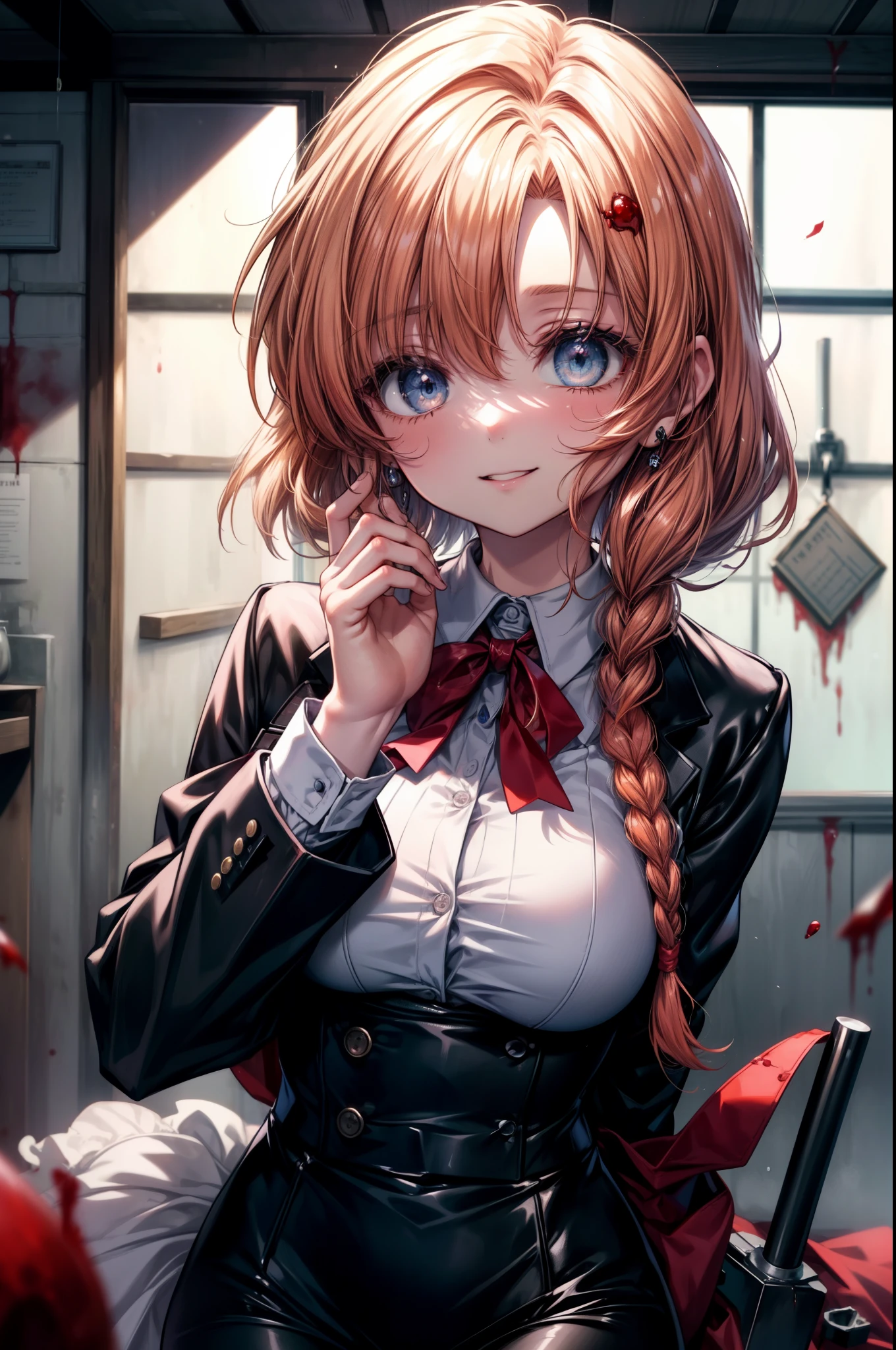 Rena Ryugu, rena ryuuguu, orange hair, long hair, short braid,hair blue eyes, smile, grin and laugh,bloody,blood droplets,There was a lot of blood all over the room.,creepy laughter, dead eyes,Psychopath horror,bloody clothes,blood drops,Spooky,Murder scene, serial killer, bathed in blood,Clothes with blood on them，black suit jacket with blood on it, bloody collared jacket,Bloodstained white dress shirt, shirt with blood on the collar, neckline, button, strap, ID card on neck, bloody black pencil skirt,bloody black pantyhose, looking at the viewer, big breasts,holding a bloody knife grip,
break looking at viewer,
break indoors, office,
break (masterpiece:1.2), highest quality, High resolution, unity 8k wallpaper, (figure:0.8), (detailed and beautiful eyes:1.6), highly detailed face, perfect lighting, Very detailed CG, (perfect hands, perfect anatomy),