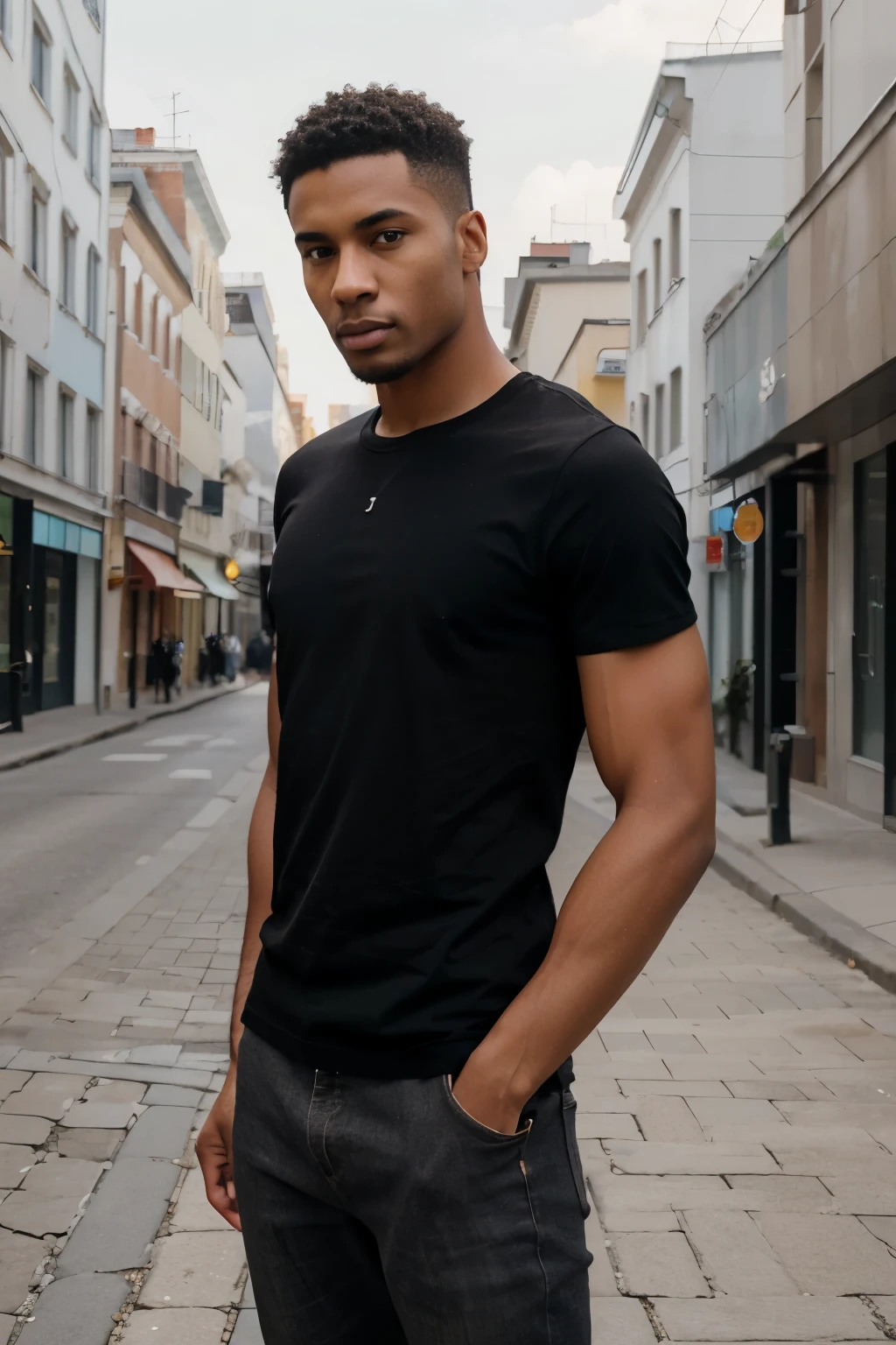 Generate a hyper-realistic photograph of an black Europe Male model aged 25-29 years, showcasing a regular plain black round neck t-shirt with no prints (keep bottom t-shirt lose naturally). Capture the model from the waist up, presenting a half-body picture. focus on her face detail, The photograph should be in perfect lighting, with a bright color scheme. The background should feature a blurry city street with exotic cars in the middle of the street, creating a natural and raw urban atmosphere. Provide a high-resolution image with dimensions of 32K. photo take from front.