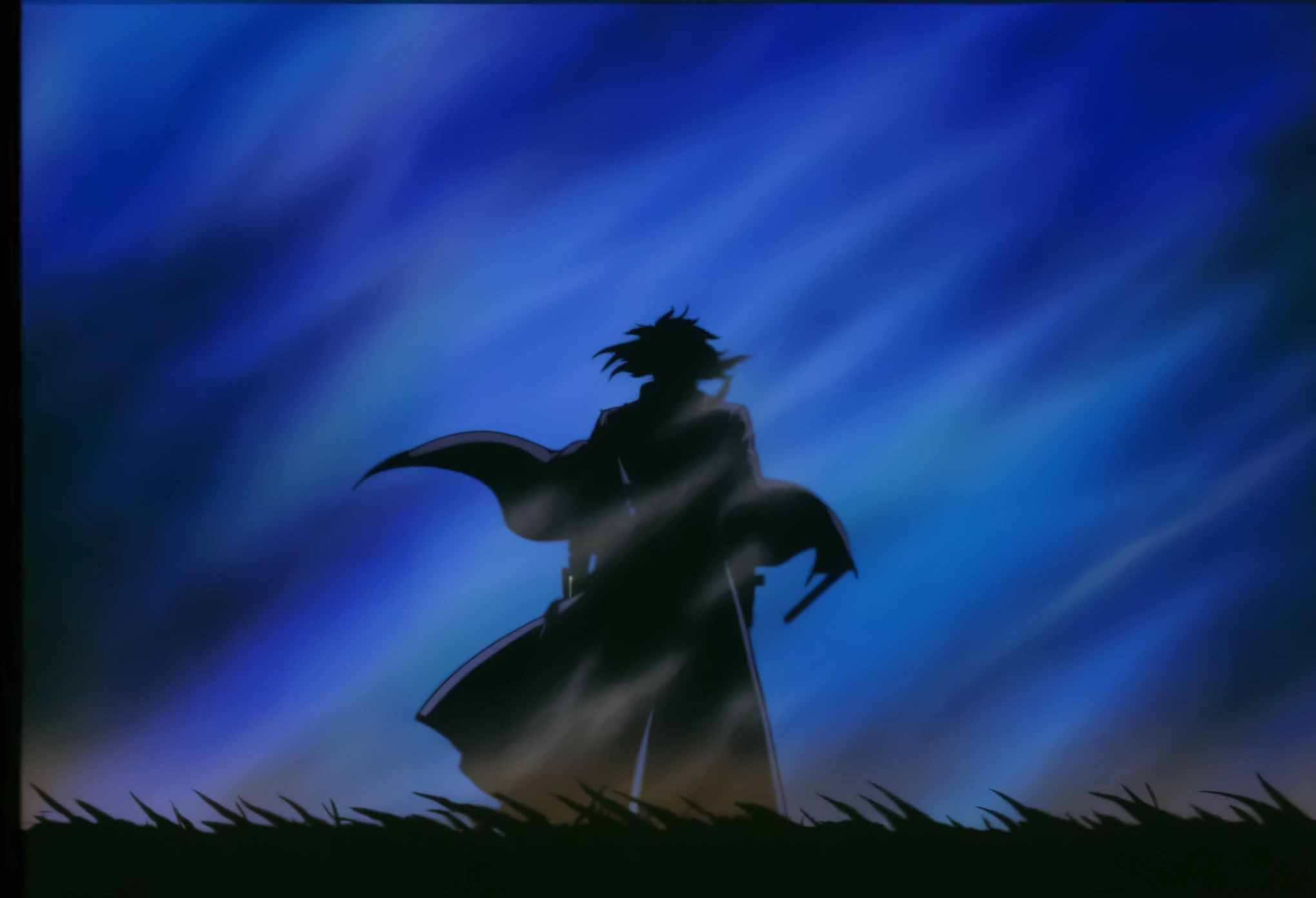 a close up of a person standing in a field with a sword, The cloak flutters in the wind, Ninja scroll anime style, cel shadow, anime ninja scrolls, shadow, coloring animation cel, Vampire Hunter D, Dark mist surrounds him, Wearing a flowing cloak, Kuro anime screenshots, shadow一, Cloaked on the ragged plains, shadowy, animation stills