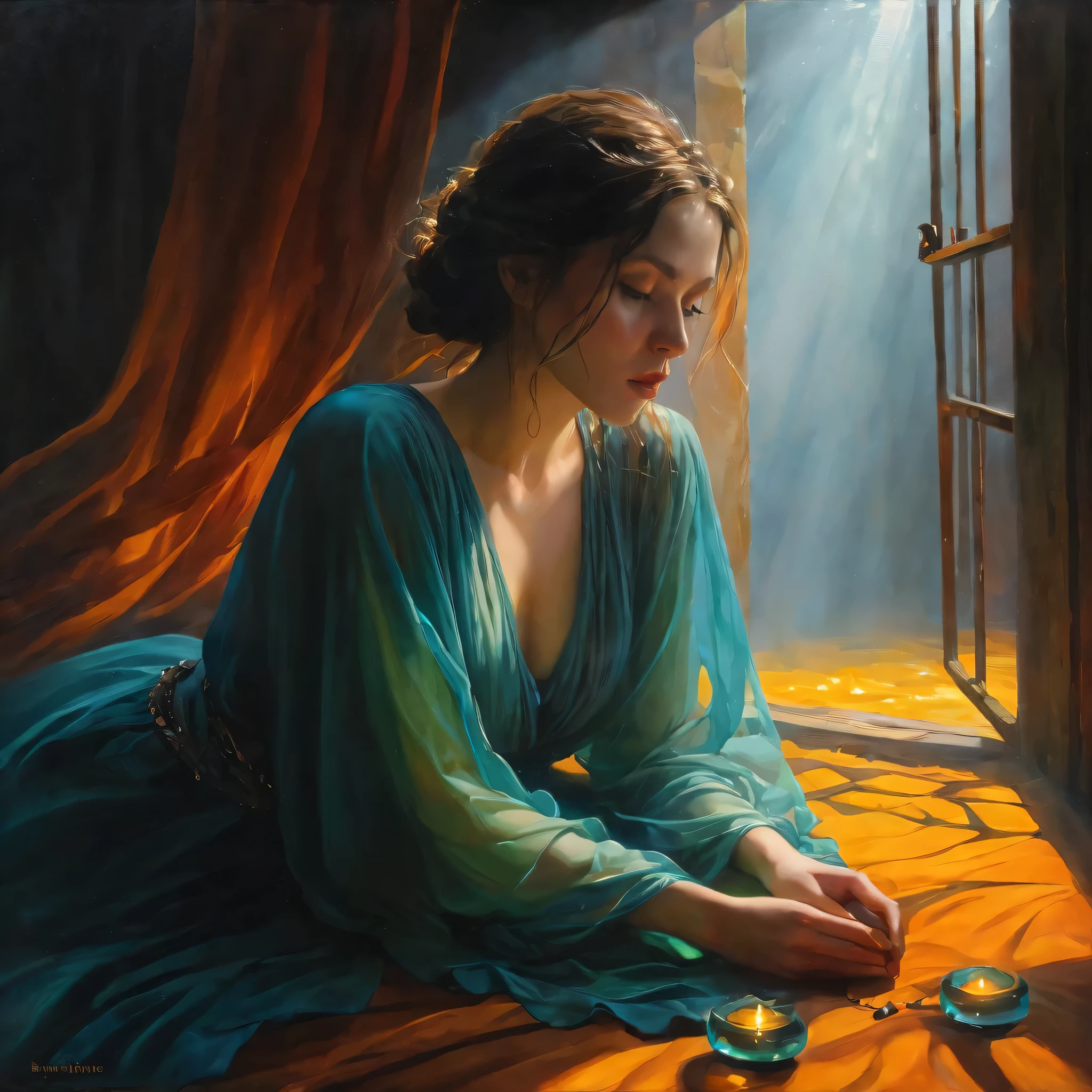 (painting),(best quality, 4k, masterpiece:1.2), Super detailed, (actual, photoactual:1.37), mood lighting, bright colors, Tyndall effect, eager , imprisoned in time, emotional expression, Complex brushstrokes, hidden layers of meaning, Contrast texture, evocative shadow, Emotional turmoil, melancholic atmosphere, unforgettable beauty, drama composition, powerful storytelling, Fascinating details, subtle gradient, Rich visual narrative, ethereal atmosphere, mysterious atmosphere, mysterious aura, Depth and size, Surreal elements