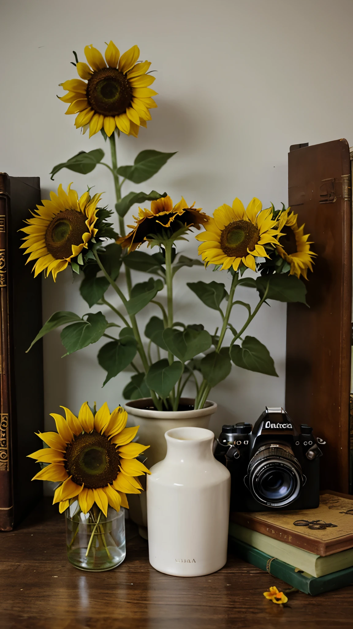 Sunflowers, Miscellanea, Miscellaneous, Flowers, Books, Vase, Camera
