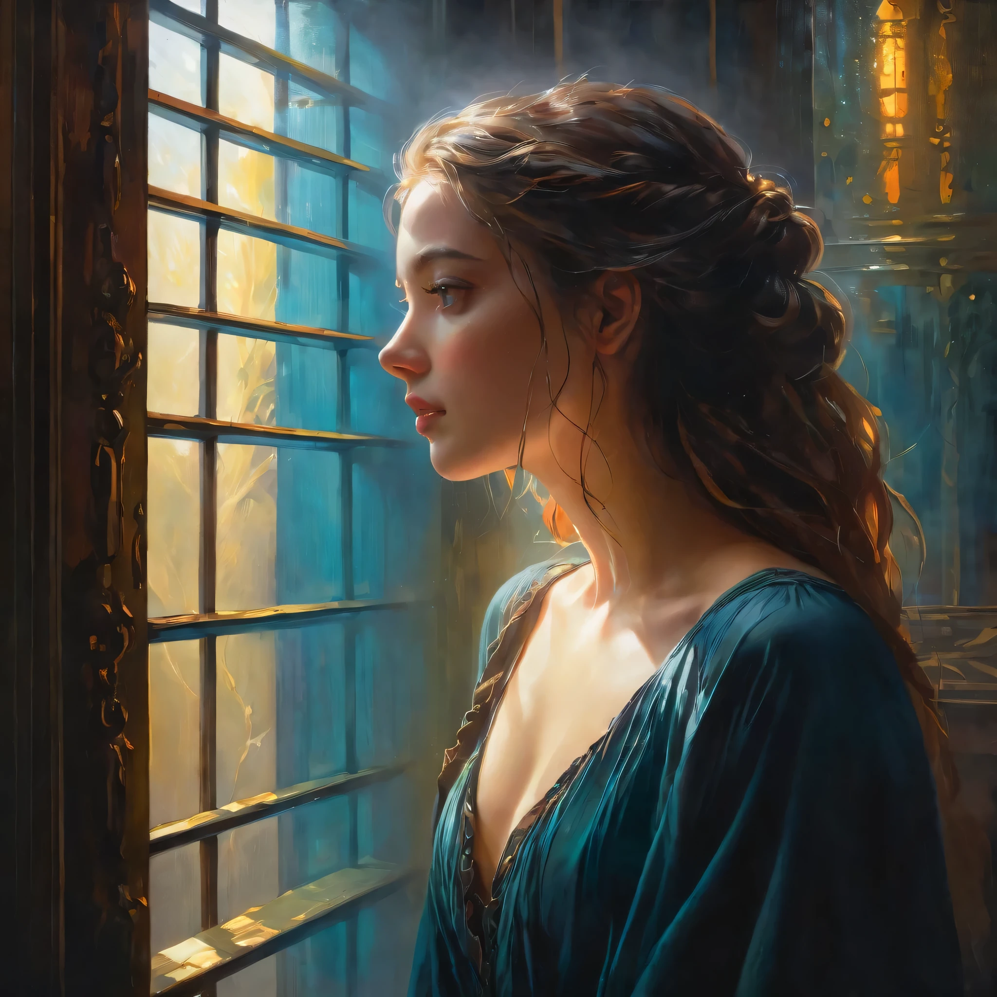 (painting),(best quality, 4k, masterpiece:1.2), Super detailed, (actual, photoactual:1.37), mood lighting, bright colors, (Tyndall effect), eager , imprisoned in time, emotional expression, Complex brushstrokes, hidden layers of meaning, Contrast texture, evocative shadow, Emotional turmoil, melancholic atmosphere, unforgettable beauty, drama composition, powerful storytelling, Fascinating details, subtle gradient, Rich visual narrative, ethereal atmosphere, mysterious atmosphere, mysterious aura, Depth and size, Surreal elements