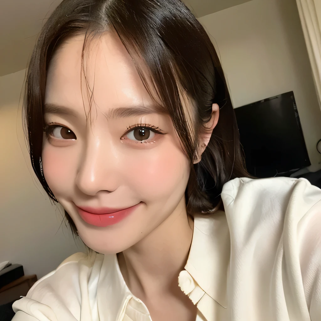 ((highest quality, 8k, masterpiece: 1.3)), sharp focus: 1.2, beautiful woman with perfect figure: 1.4, slim abs: 1.2, (layered hairstyles,: 1.2)), (wet white button long shirt: 1.3), rain: 1.3, night street: 1.2, wet body: 1.1, night、 Highly detailed face and skin texture, fine eyes, double eyelid, big breasts, smile, clavicle、beautiful clavicle、Berry Short、shortcut、