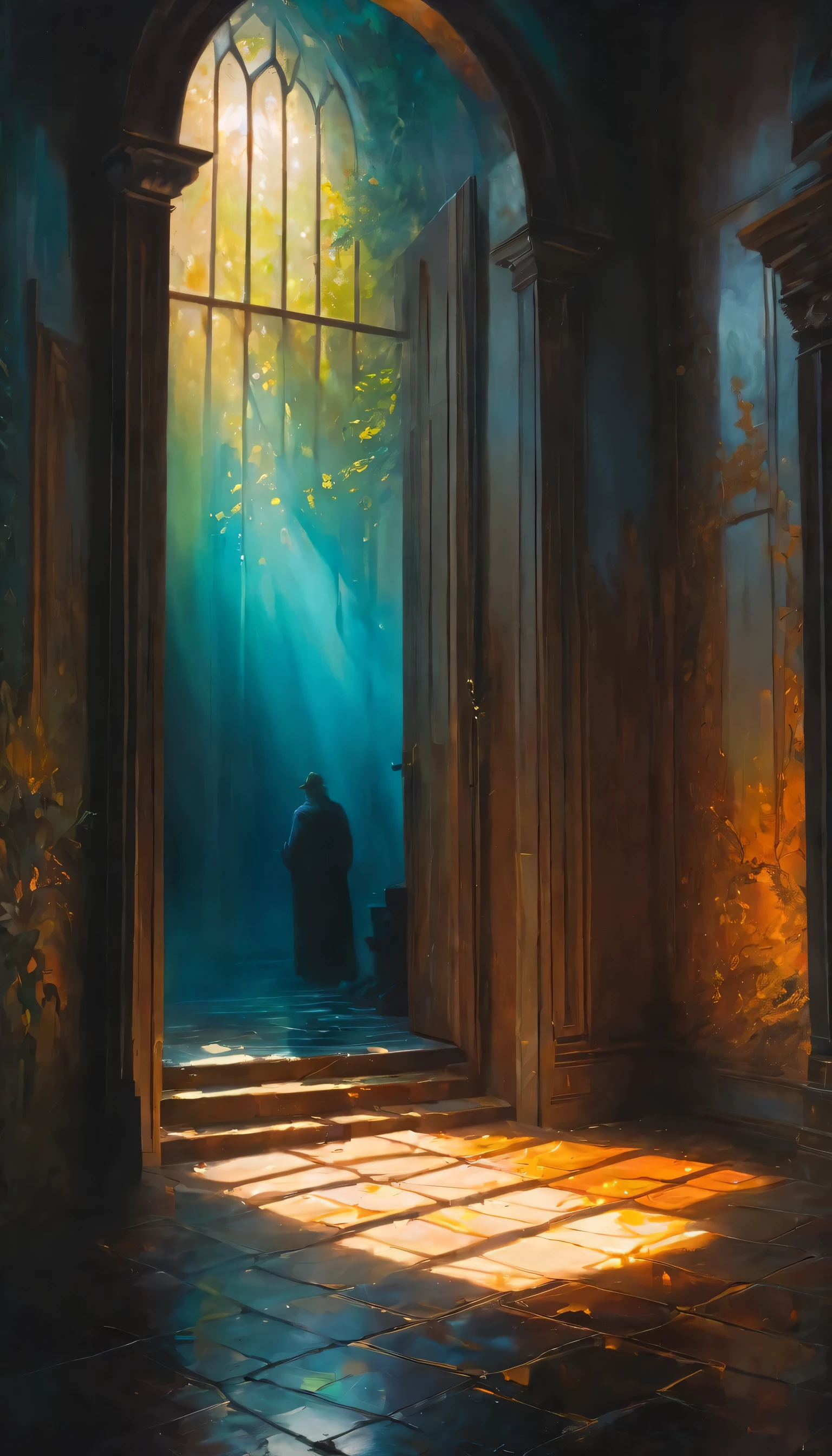 (painting),(best quality, 4k, masterpiece:1.2), Super detailed, (actual, photoactual:1.37), mood lighting, bright colors, (Tyndall effect), eager , imprisoned in time, emotional expression, Complex brushstrokes, hidden layers of meaning, Contrast texture, evocative shadow, Emotional turmoil, melancholic atmosphere, unforgettable beauty, drama composition, powerful storytelling, Fascinating details, subtle gradient, Rich visual narrative, ethereal atmosphere, mysterious atmosphere, mysterious aura, Depth and size, Surreal elements