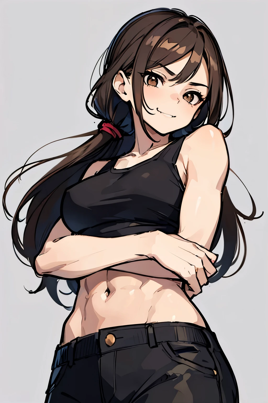 (((masterpiece))), (best quality)) 1girl, single character, female, teenager, arms crossed, looking down, looking at camera, (camera from below), smug, teasing, teasing smile, big breasts, dark brown eyes, small eyes, brown hair, long hair, hair tied, black tank top, slightly muscular, muscle arms, street background