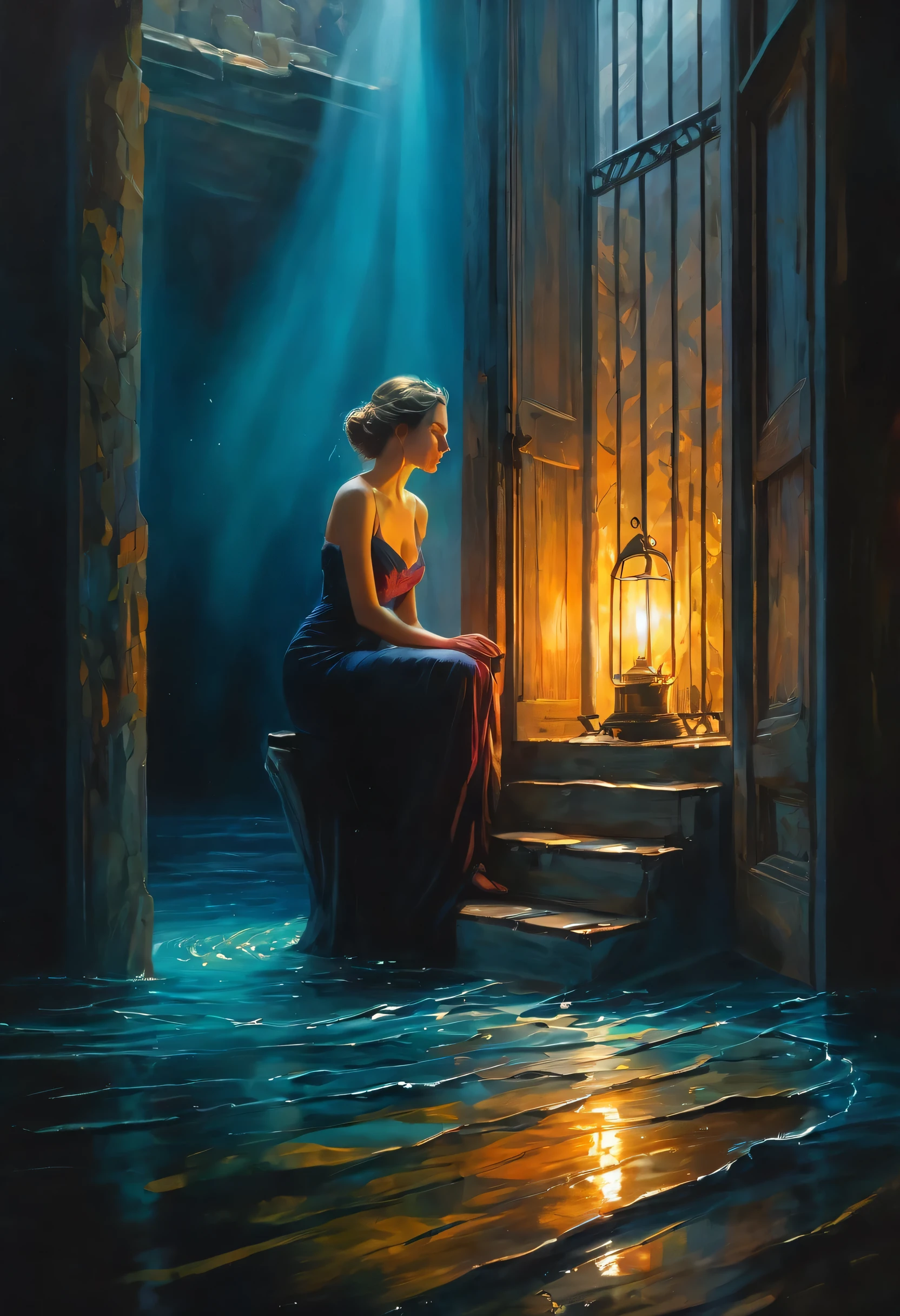 (painting),(best quality, 4k, masterpiece:1.2), Super detailed, (actual, photoactual:1.37), mood lighting, bright colors, Tyndall effect, eager , imprisoned in time, emotional expression, Complex brushstrokes, hidden layers of meaning, Contrast texture, evocative shadow, Emotional turmoil, melancholic atmosphere, unforgettable beauty, drama composition, powerful storytelling, Fascinating details, subtle gradient, Rich visual narrative, ethereal atmosphere, mysterious atmosphere, mysterious aura, Depth and size, Surreal elements