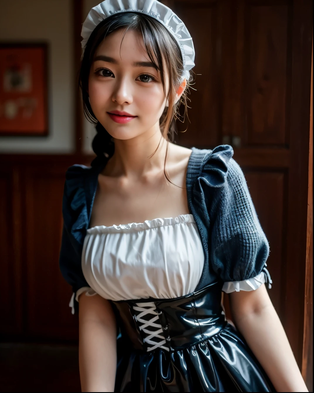 there is a woman in a black and white dress posing for a picture, gorgeous maid, maid outfit, maid, maid服, maid服の素材 black leather White cotton, maid dress, anime girl in a maid costume, wearing maid uniform, maid costume, a sexy maid in a magical forest, french maid, catboy cosplay! maid! dress, gorgeous chinese model, Atsuko Kudo wearing latex costume,