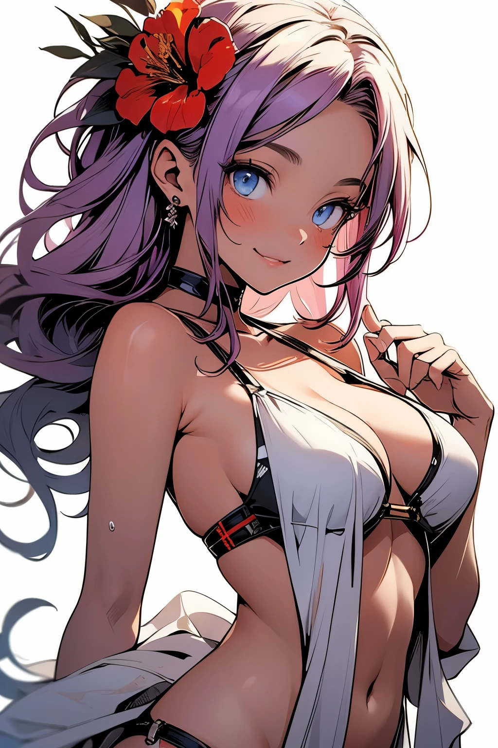 1girl, solo, in the style of an ink wash painting, wearing a hibiscus hair ornament, flower, vibrant blue eyes, white swimsuit, skimpy bikini, simple background, smile, white bikini, long hair, looking at viewer, flirtatious stance, blushing, underboob, arms behind back, o-ring, anime, seductive, adult