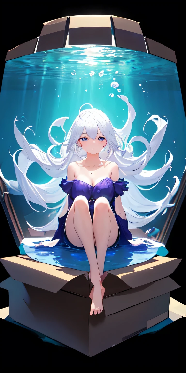 (bestquality, masterpiece), (An elegant mature woman , 1girl , solo, "Sky Blue Dress", Boobs , lying on the water , looking at the audience, "Silver Hair", Very long-haired, Gradient Red eyes, closed mouth , Full body), ( bubbles Back)