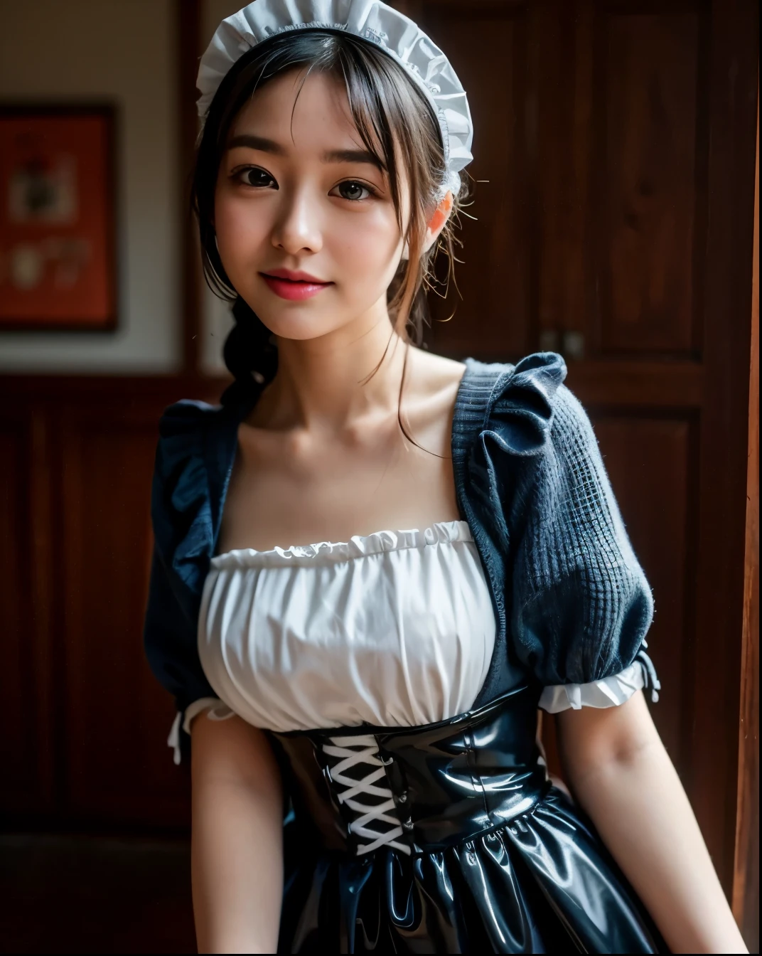 there is a woman in a black and white dress posing for a picture, gorgeous maid, maid outfit, maid, maid dress, anime girl in a maid costume, wearing maid uniform, maid costume, a sexy maid in a magical forest, french maid, catboy cosplay! maid! dress, gorgeous chinese model, Atsuko Kudo wearing latex costume