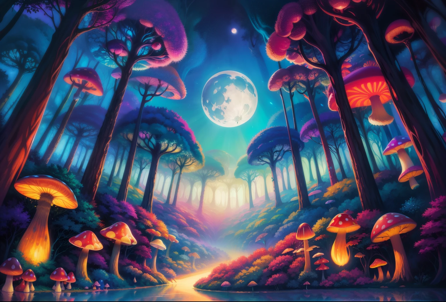 A painting of a forest full of mushrooms and the moon, Detailed dreams, psychedelic forest, psychedelic landscape, Enchanted Jungle, Whimsical fantasy landscape art, psychedelic art, magical scenery, Evil Realm Magic Painting Resonance, Inspired by Cyril Rolando, enchanted Enchanted Jungle, psychedelic atmosphere, enchanted forest, psychedelic mushroom dream, magical world. rich and colorful, Just a joke, magical environment