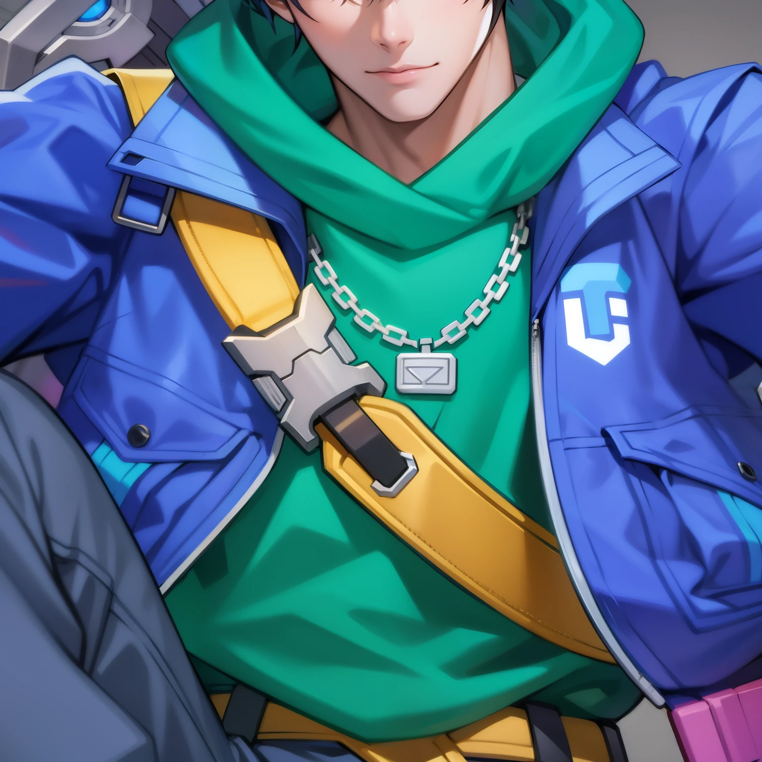 Anime boy wearing blue jacket and green hoodie, trigger anime art style, Super detailed image, Character art close-up, Clear cosplay portrait, Detailed key animation art, character artwork, Super large, super detailed, G Liulian art style, Ultra-detailed portraits, clean art style, official artwork, Highly detailed iconic characters, Eye-catching and detailed art style, close-up character