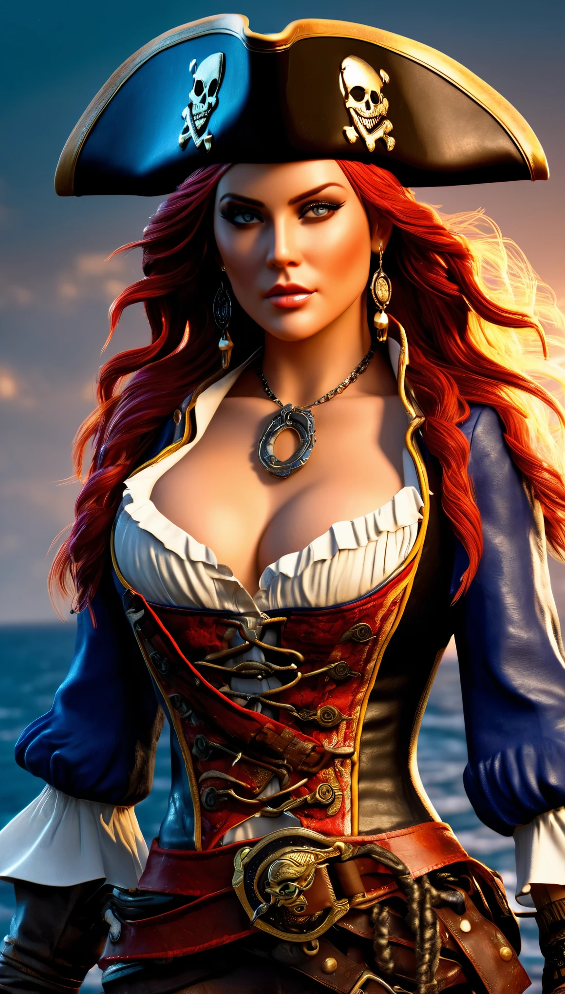 (masterpiece, alluring depiction of a sensual pirate in seductive pirate attire:1.3), (captivating portrayal that exudes a perfect blend of allure and adventure:1.2), (meticulously crafted to highlight the character's captivating charm:1.2), (a seductive pirate adorned in alluring pirate clothing that accentuates her figure:1.1), (a balance between classic pirate elements and a modern touch of sensuality:1.1), (her confident and daring expression adding to her enigmatic allure:1.1), (meticulous attention given to the details of her attire, from the low neckline to the intricate accessories:1.1), (a backdrop that captures the essence of a pirate's world, with hints of treasure and adventure:1.1), (a portrayal that evokes a sense of intrigue and adventure while embracing sensuality:1.1), (the fusion of enticing aesthetics and the spirit of piracy creating a visually captivating composition:1.1), (an image that prompts viewers to imagine the tales and escapades of this enchanting pirate character:1.1), (an artwork that celebrates both fantasy and allure in a vibrant and captivating manner:1.1), (an invitation to embrace the allure of the high seas and the intriguing world of a sensual pirate:1.1)), Cinematic, Hyper-detailed, insane details, Beautifully color graded, Unreal Engine, DOF, Super-Resolution, Megapixel, Cinematic Lightning, Anti-Aliasing, FKAA, TXAA, RTX, SSAO, Post Processing, Post Production, Tone Mapping, CGI, VFX, SFX, Insanely detailed and intricate, Hyper maximalist, Hyper realistic, Volumetric, Photorealistic, ultra photoreal, ultra-detailed, intricate details, Super detailed, Full color, Volumetric lightning, HDR, Realistic, Unreal Engine, 16K, Sharp focus, Octane render