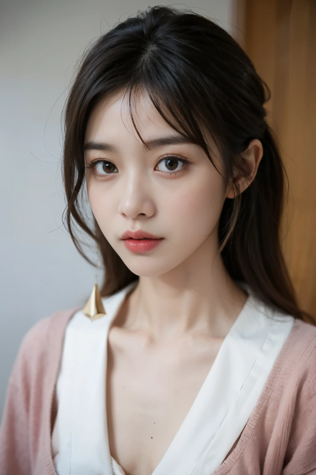 gadis cantik jepang bermata bulat indah bersinar, kelopak mata tebal, bulu mata panjang, bibir tipis tanpa lipstik, di dalam kamar, kamera fokus ke wajah, wajah menghadap lurus ke depan, wajah dekat ke kamera, kulit putih mulus, closeup