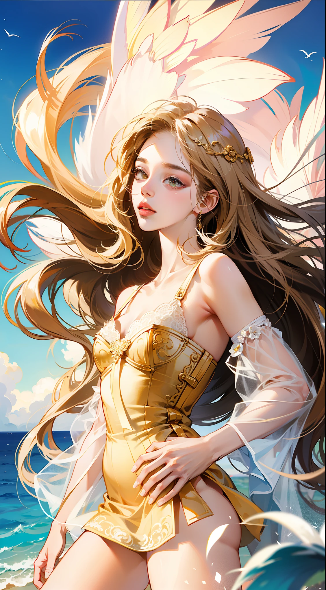 ( Absurd , High quality , ultra detailed, careful with hand )Zodiac - Gemini goddess , similar to latin goodness , Solo .  Curious, skillful, humorous, seductive, imaginative face , Sometimes impractical, restless, nervous, careless style , mature , light brown eyes , long hair , light blonde hair , transparent dress , lace lingerie , in the ocean with wind , whole body , flirty look ,