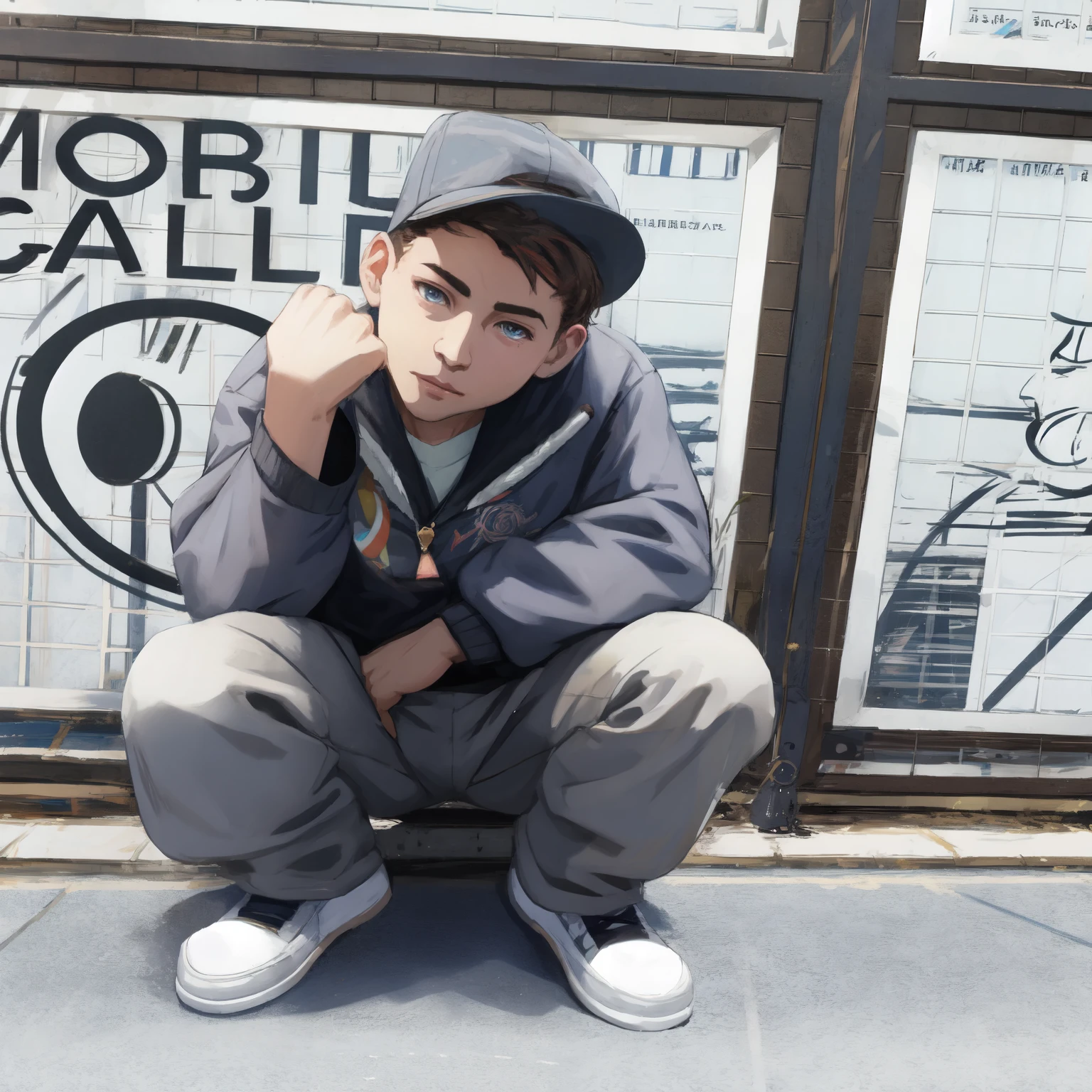 masterpiece, best quality, Perfect anatomical structure alone,male,Humanity,loose clothes, Moderate, 
Bright Eyes, delicate eyes, looking at the audience, 
street background, gray sky,