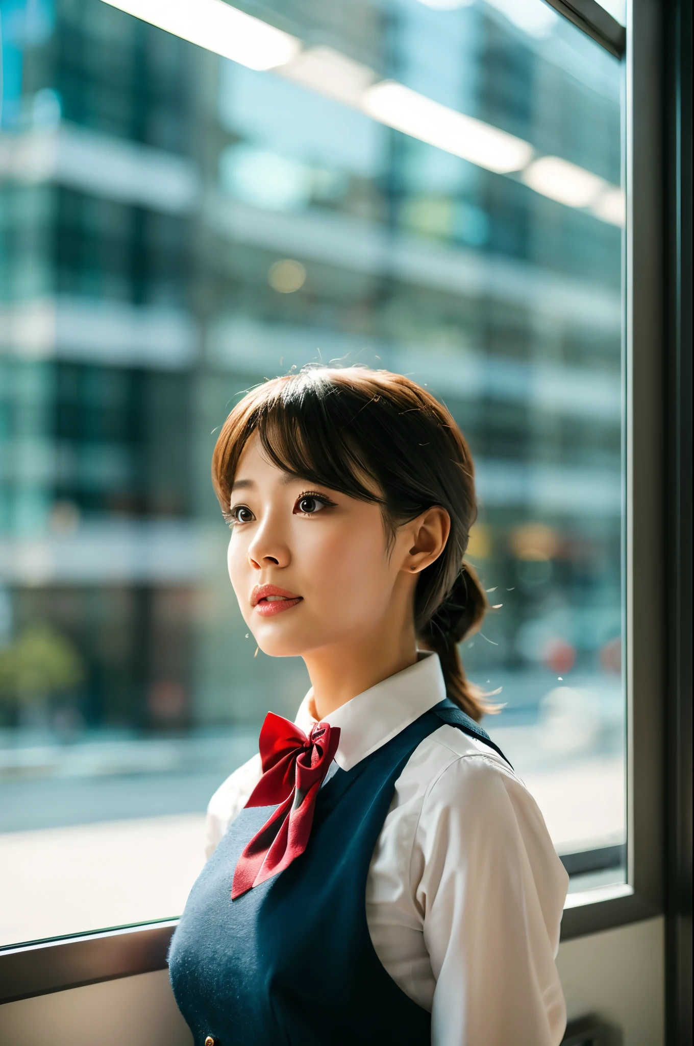 1 girl, mature woman, vest, bow, photograph, realistic, highest quality, hire, detailed face, office, building from the window, detailed background, diffused sunlight, Depth of the bounds written, Bokeh
