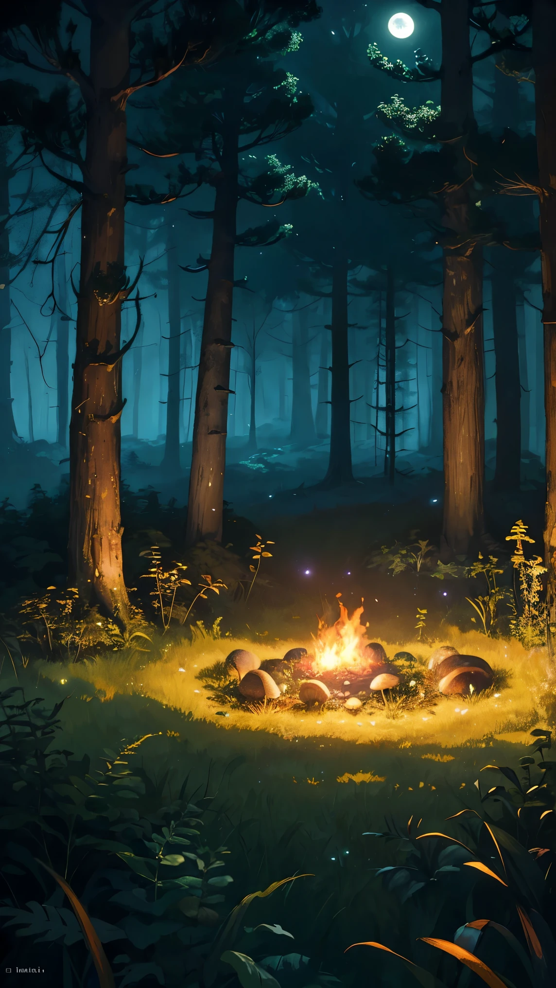 Forest Glade, small fire in a circle of stones, grass bushes, Mushrooms, fireflies, fern, night, лес nightю, dark sky and bright moon, (Masterpiece, Best quality), Creepy misty forest illustration, volumetric lighting, Moonlight, ray tracing, Resolution 8K, gothic aesthetics