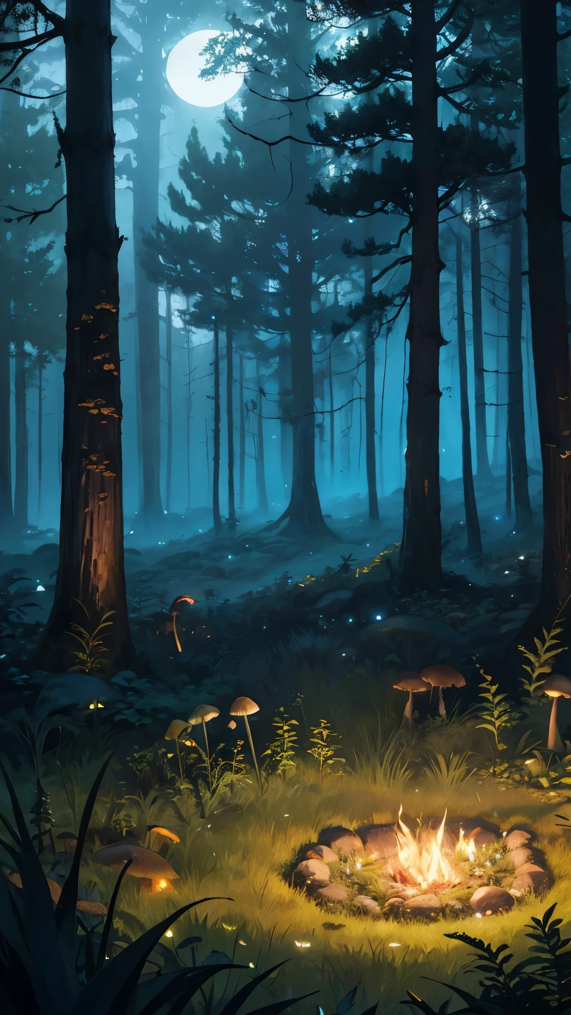 Forest Glade, small fire in a circle of stones, grass bushes, Mushrooms, fireflies, fern, night, лес nightю, dark sky and bright moon, (Masterpiece, Best quality), Creepy misty forest illustration, volumetric lighting, Moonlight, ray tracing, Resolution 8K, gothic aesthetics