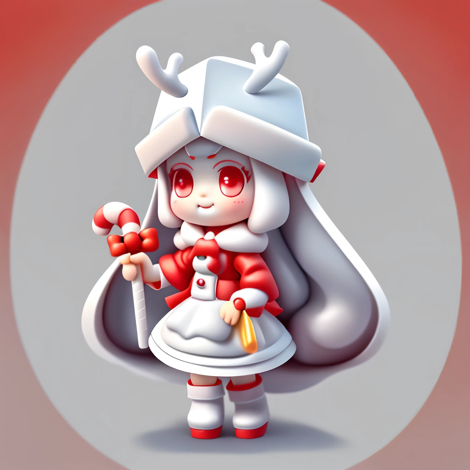 Bubble Mart blind box style,a cute little girl,Holding a cane-shaped candy in hand,Wearing a white box-shaped hat,princess cut hairstyle,Off-white hair,Wearing red Christmas costume and boots