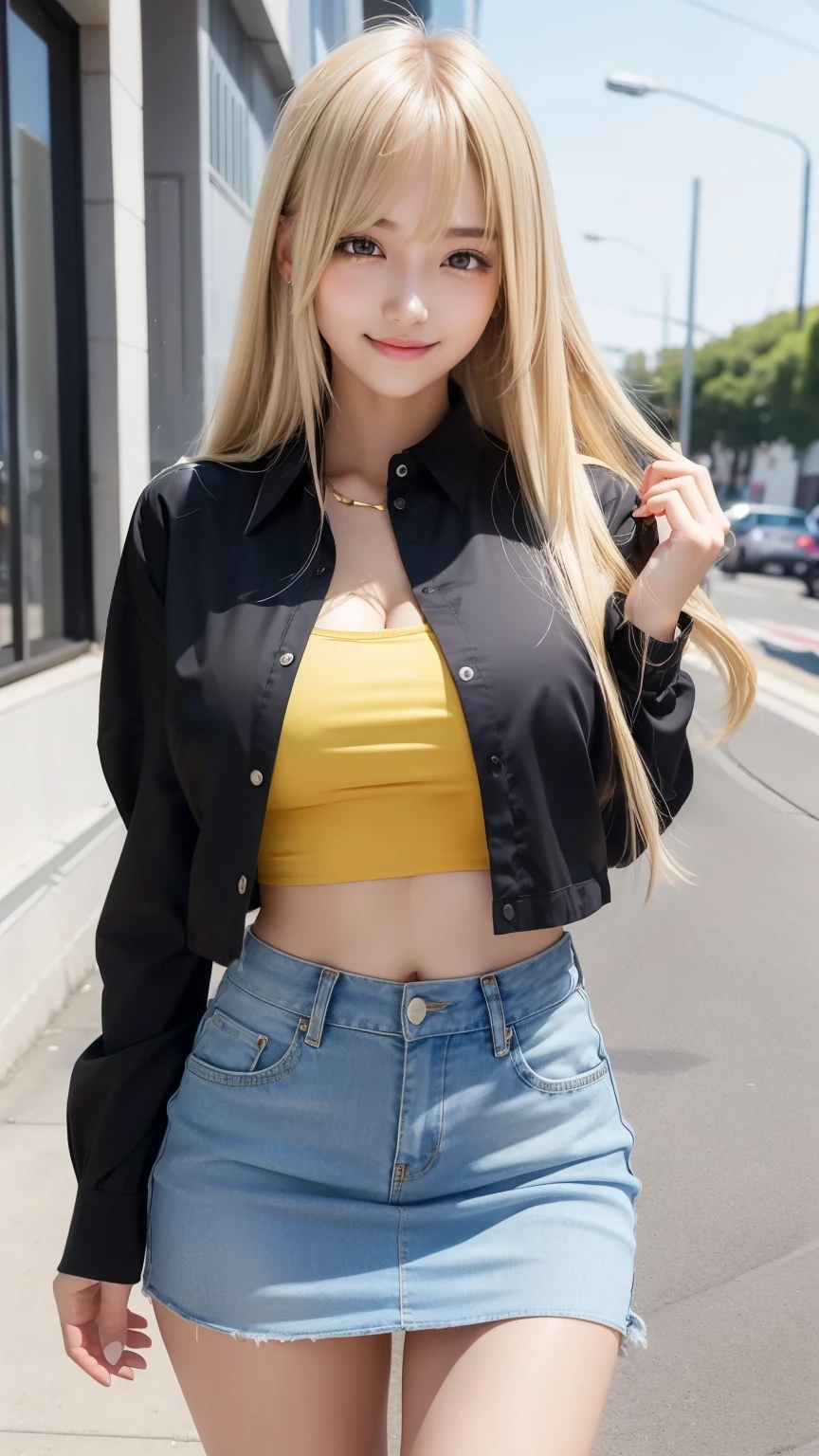 sexy big breasts,A 15-year-old beautiful girl looks sexy and cute & cute beautiful sexy face, The strong wind blows the hair in front of my face,Beautiful super long metallic blonde straight hair with beautiful cute and sexy eyes hidden behind long bangs、Navel Shirt、Very short yellow checked miniskirt、Turn around and look at me with a smile、