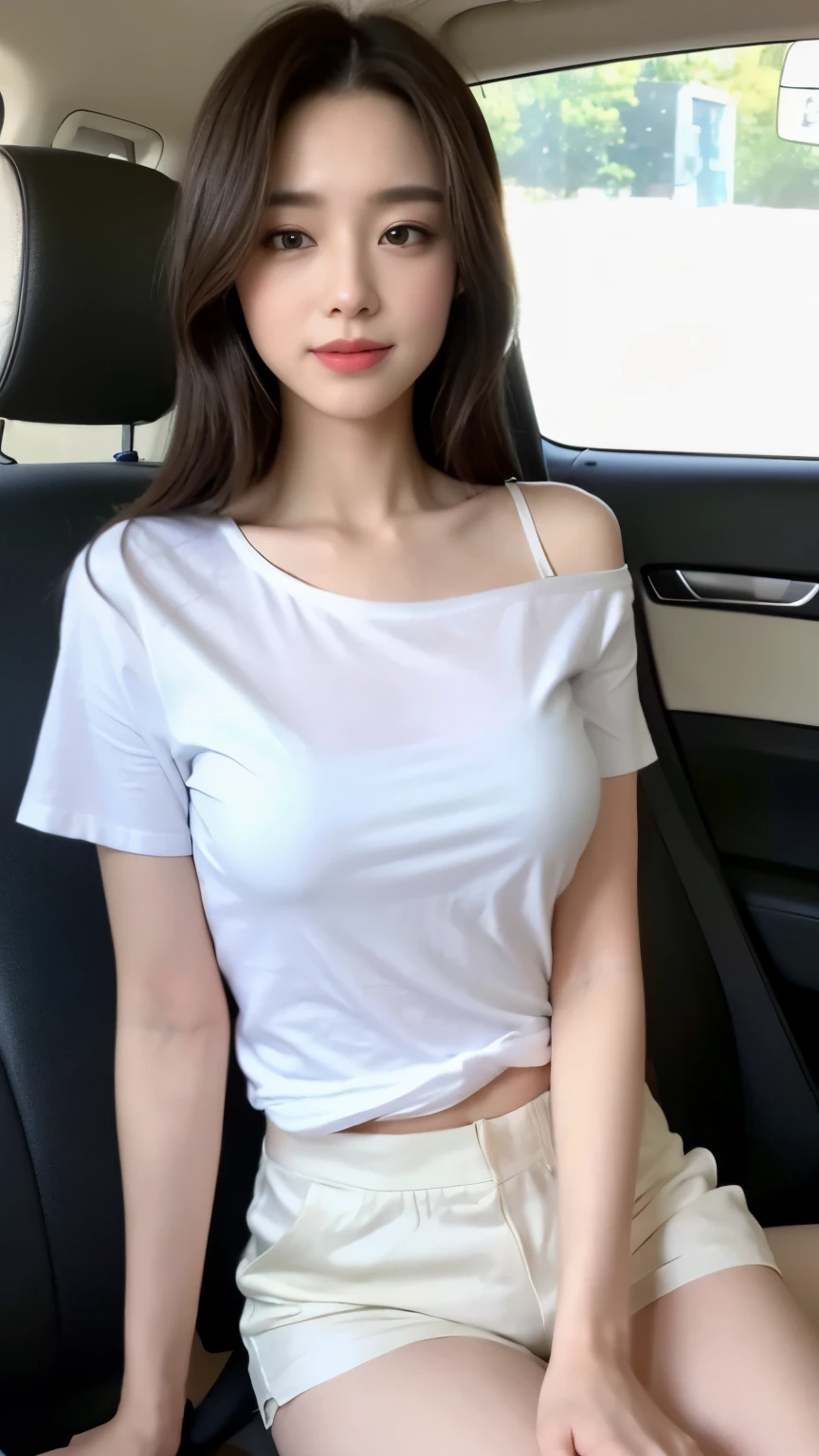 ((top-quality、8k、masterpiece:1.3))、Beautiful woman with perfect body:1.4、slim abdomen:1.2、Longhair, normal breast, Highly detailed facial and skin texture, A detailed eye, delicate eyes, double eyelid, (smile), (full body shot), ((in the car 1.1)), (sitting in the car), ((wearing white t-shirt with short pant)), looking in front