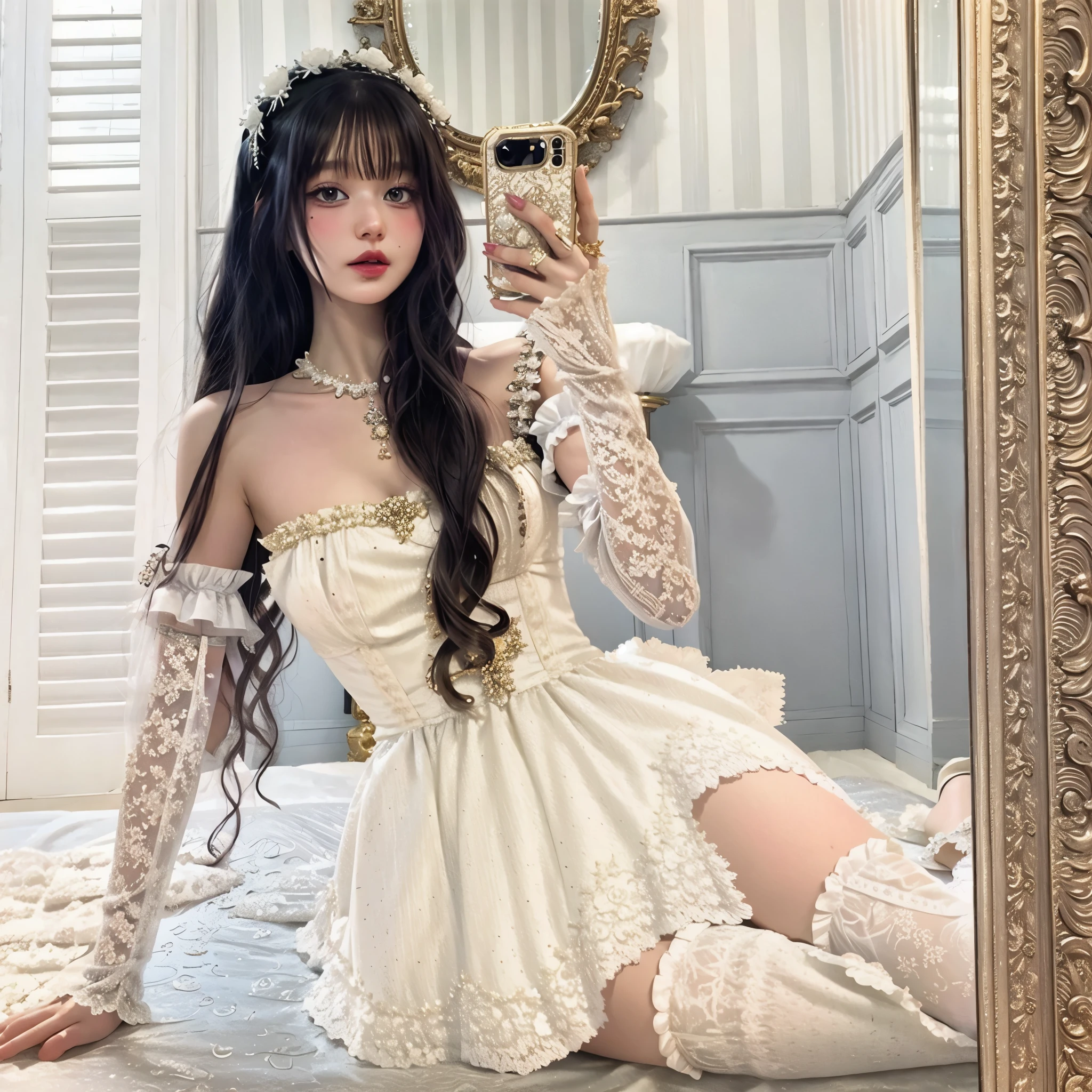 Araffe woman in a white dress taking a selfie in a mirror., Ivory Rococo, dress in rococo style, elegant corset, jointed doll, bella delfina, rococo dress con volantes, pale ivory skin, rococo dress, fantasy costume, # rococo, fairy core, victorian gothic ta fashion, pale, snow-white skin, estilo loli