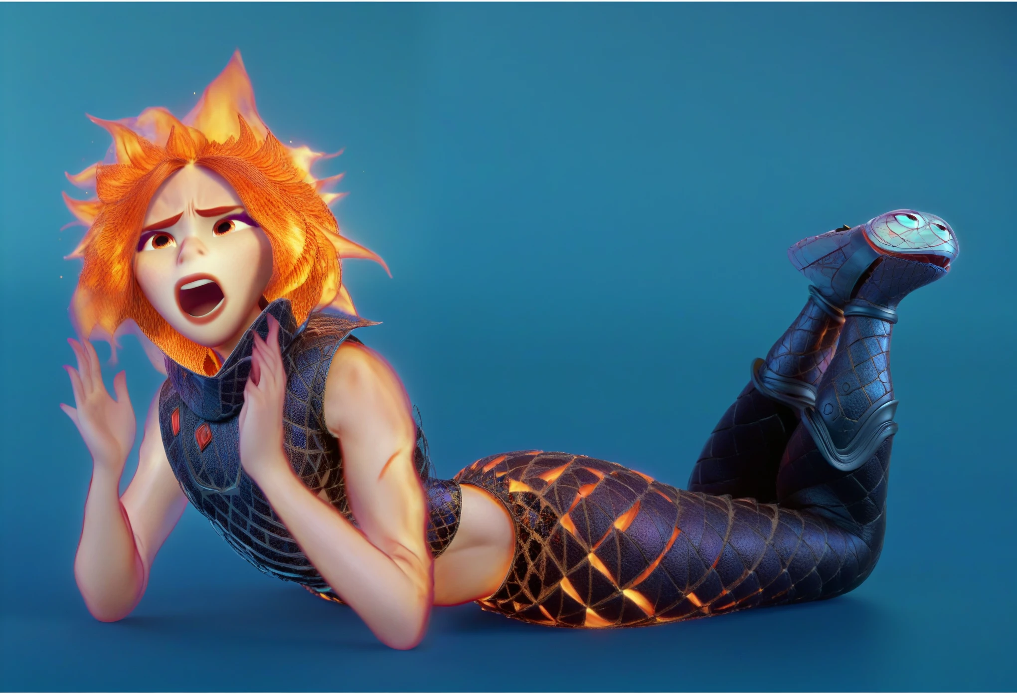 ember lumen lying on her stomach, super detailed ember lumen body, super detailed ember lumen dress with legs, intricate details, pixar movie cgi vfx, masterpiece 3d render