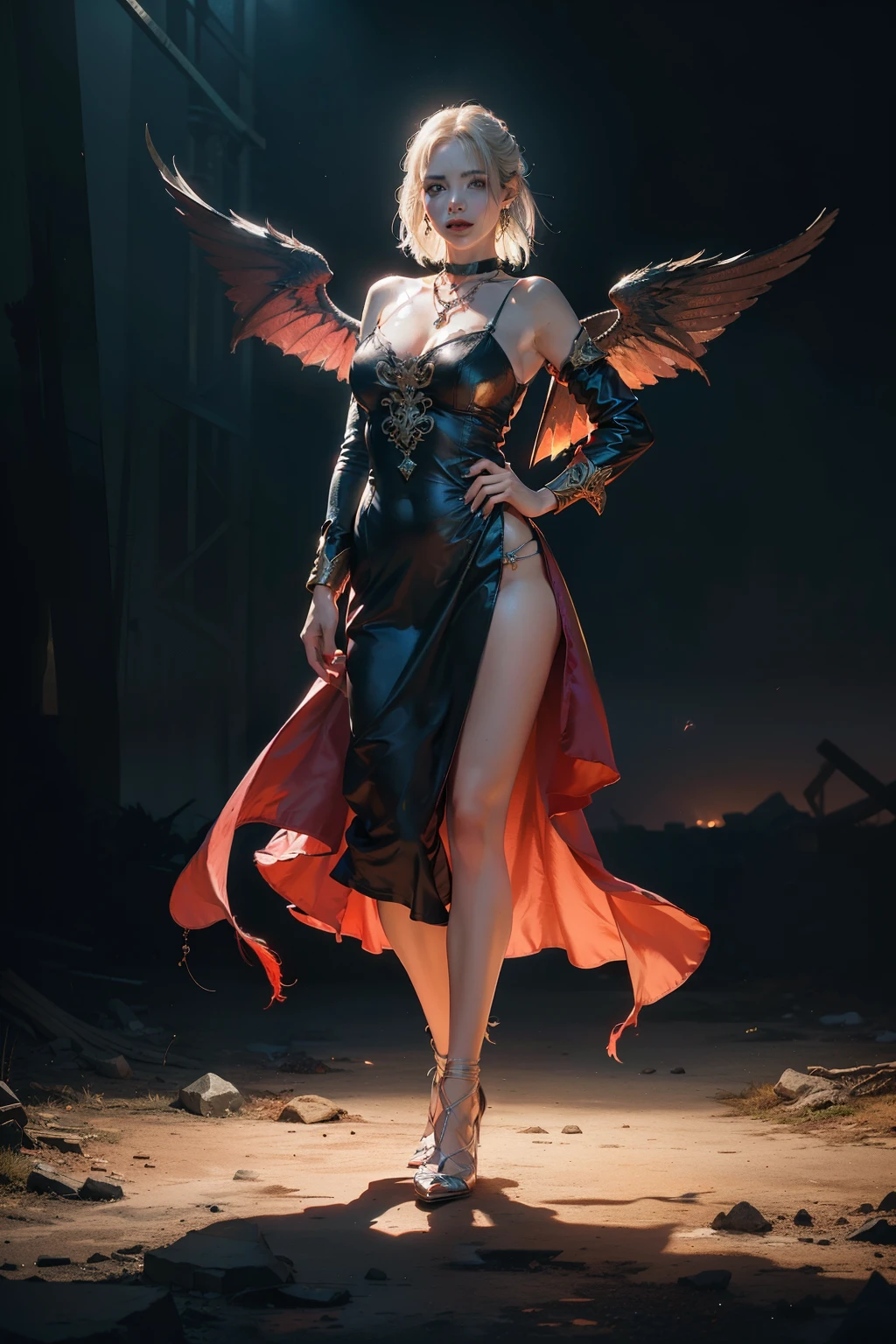 (Numerous award-winning masterpieces, with incredible detail, textures and maximum detail), (full-body standing image:1.8), (hyper realistic:1.4), (upper body up:0.3), (realistic:1.3), (best quality real texture skin), (finely detailed true circle Symmetrical eyes), (A finely drawn beautiful face), (decadent image: 1.5), (Aesthetic image: 1.5), (lewd and seductive image:1.2), ((medieval world)), ((The Lord's Black Devil)), ((The Lord's White Devil)), (icy look in the eye), (She has a mischievous smile on her face), (Eyes that glow red in the dark:1.5), (many Devil dancing in the background), (Dramatic Light), (A majestic sight), (Her countenance is gentle and beautiful, but somehow terrifying), ((Large wings with feathers behind shoulders)), (Folded wings), Glass earrings on the ears, (full-body standing image:1.8), (((dramatic photo))), (twilight), (sunset), (dusk), (Seducing Pose), (dramatic pose), (golden hair), (silver hair), (chestnut hair), Short cut hair, ((Full-length portrait)), ((looks up)), ((looking down)), (Around her neck is a simple necklace of exquisite workmanship), (Swirling flames), (Swirling lightning), (swirling ice and snow), (full-body standing image:1.8), Old ruins infested with plants, great temple, great cathedral, temple ruins, detached temple, Luminous magic circle, Ruins of an ancient castle, Deserted ruins, crumbling ruins, Ancient ruins with clear water, wavelets, running water, Shining majestic cloud masses and sky, lightning bolt, epic realistic, ((neutral colors)), (hdr:1.5), (muted colors:1.2), hyper detailed, cinematic, warm lights, dramatic light, (intricate details:1.1), complex background,