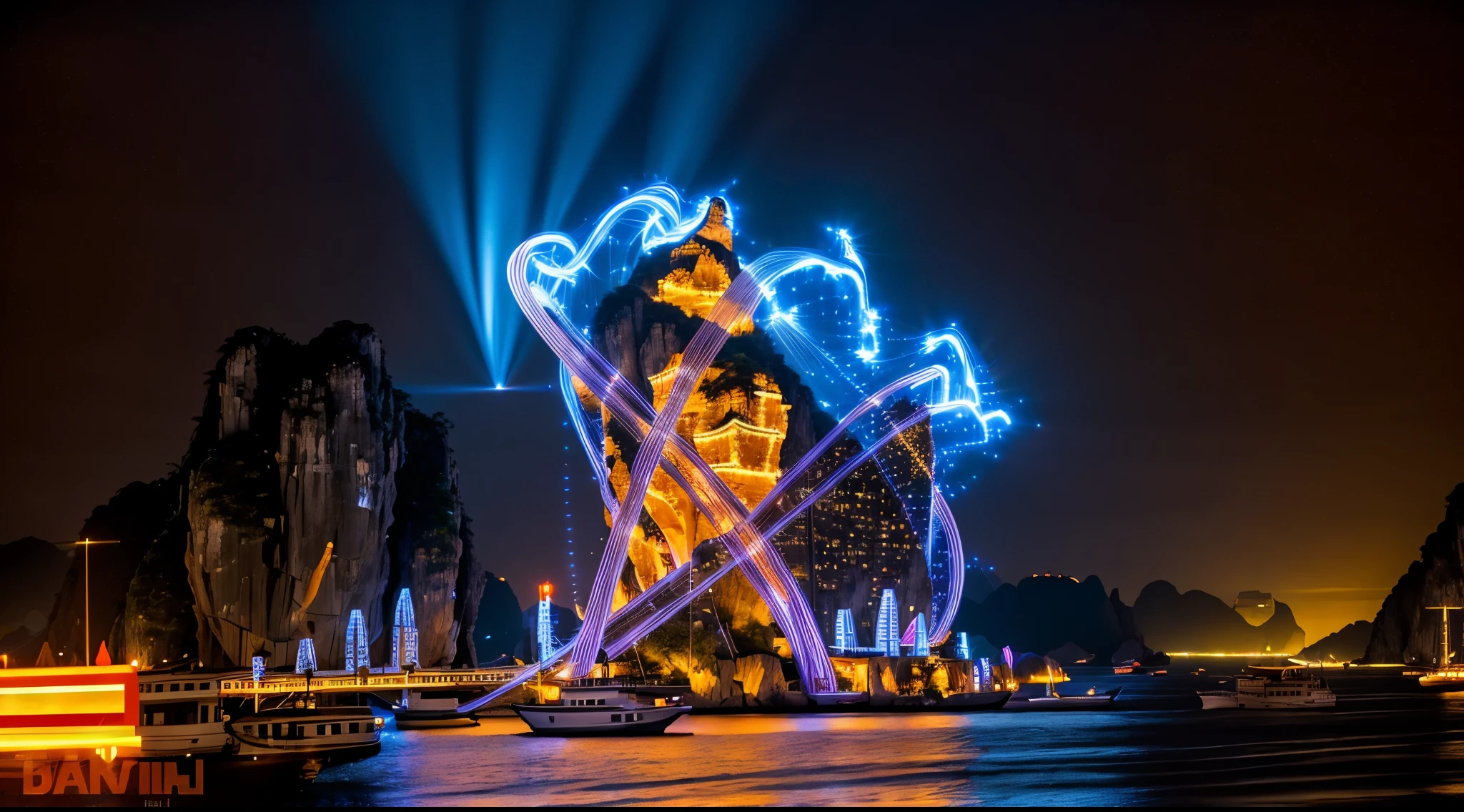 The image depicts an intricate architectural structure located at Ha Long Bay during dusk or dawn, as indicated by the orange hue in the sky. Let me describe it in detail:

Foreground Structure:
A large artistic installation resembling waves or ribbons intertwining with each other stands prominently.
The material appears to be made of reflective materials like glass or polished metal, adorned with illuminated lights.
The structure is both dynamic and fluid, evoking a sense of movement and vitality.
At the base of this installation, the words “HA LONG BAY” are illuminated, signifying its location.
Surroundings:
Cars are passing by on a road adjacent to this installation.
Streetlights line the road, softly illuminating it against the backdrop of a setting or rising sun.
In the background, rocky mountains protrude sharply, contrasting against a sky painted with hues of orange, blue, and purple.
This architectural masterpiece harmoniously blends art, nature, and light, creating a captivating experience for visitors at Ha Long Bay. night scene, very bright (multi-colored LED lights)