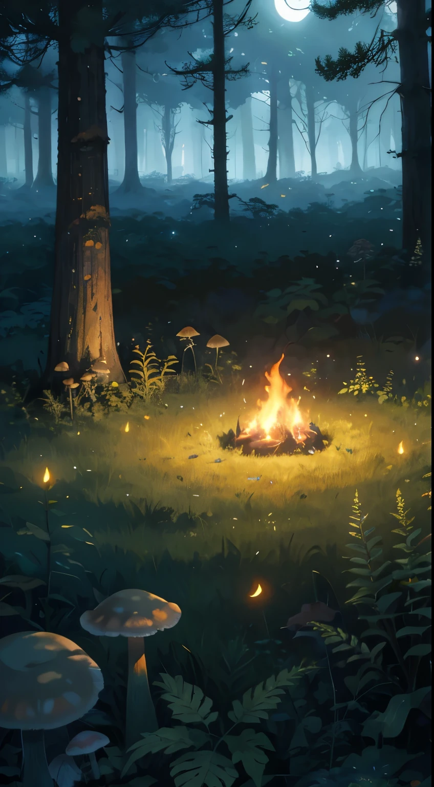 Forest Glade, small fire in a circle of stones, grass bushes, Mushrooms, fireflies, fern, night, лес nightю, dark sky and bright moon, (Masterpiece, Best quality), Creepy misty forest illustration, volumetric lighting, Moonlight, ray tracing, Resolution 8K, gothic aesthetics, bottom view