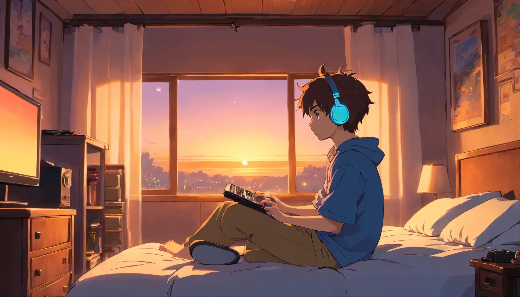 Boy listening to music in cozy room at night sitting on bed, Use headphones, Anime style 2D, lo-fi,There is a white screen TV hard drive on the wall, bright environment, Sunset outside