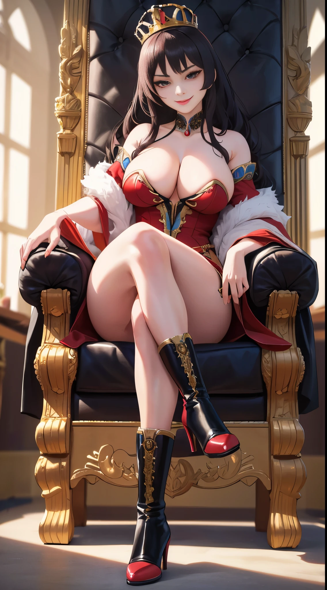 nsfw, 8k, best quality, highres, realistic, real person, A lewd queen oozing wealth and power, seducing her Western-style subordinates, sits gracefully on a richly decorated chair on a high platform. (((She crosses her legs and looks down at her subject with a sly smile))), embodying her blend of grace and cunning. The setting is a grand Western-style throne room that showcases the opulence of her kingdom. Big breasts, cleavage, long beautiful legs, beautiful legs, high heels, patent boots