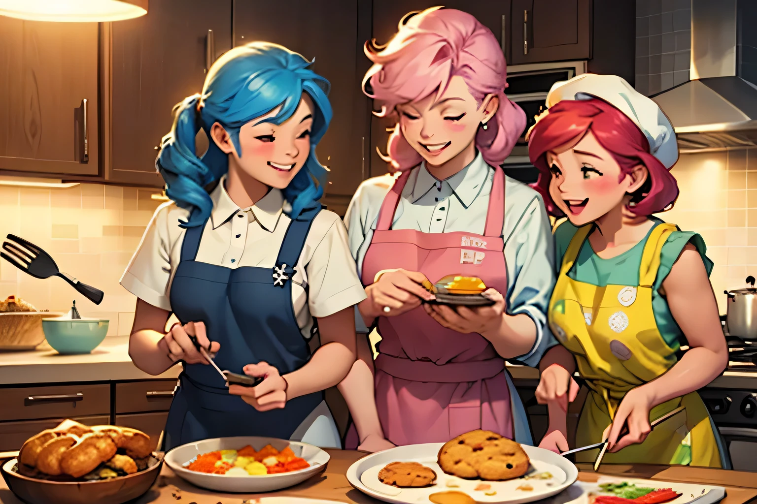 Disney Pixar art, daughter helps her mother cook,illustration,cartoon style, vibrant colors,together,apron,cooking utensils,happy faces,giggles,joyful expressions,bright kitchen,chef hats,messy flour,whisking batter,stirring soup,sizzling sound of frying, scent of freshly baked cookies,baking tray full of treats,smiling cupcakes,flying flour,playful food fight,warm family atmosphere,loving bond,cute gestures,mom's secret recipe,love filled meal,memorable moments,bubbly laughter,(best quality,highres)
