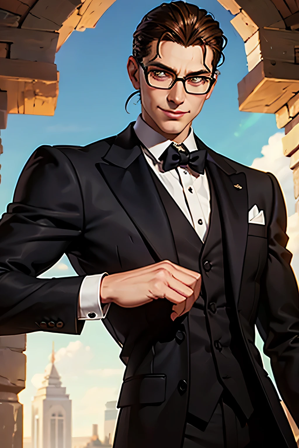Slender man with fine eyes in formal clothing standing in a beautiful natural landscape with vivid colors. (Alastor, The radio demon), (smiling, bespectacled, brown hair, slick back), (top quality, animated, super detailed), (oil painting, vivid colors), (soft sunlight, natural light).
