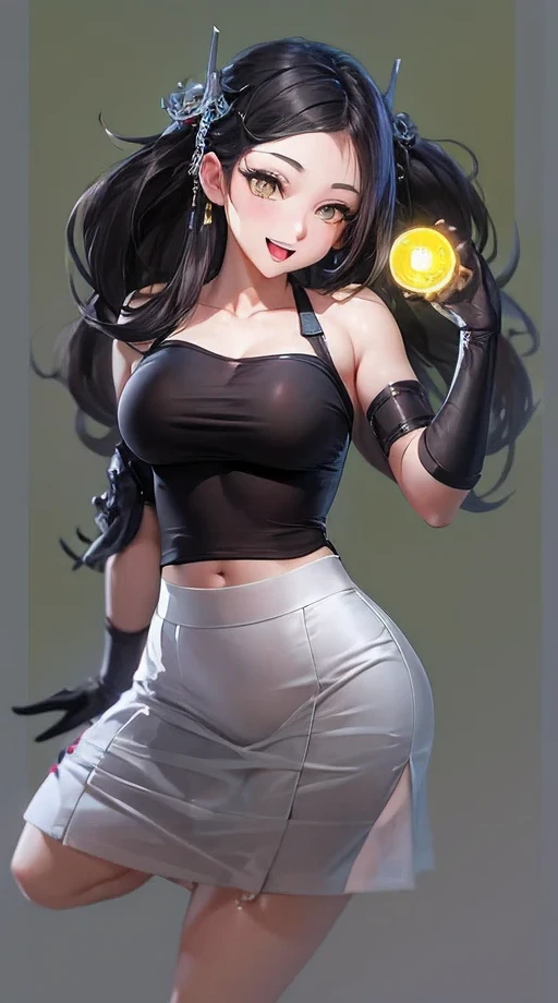 1 Beautiful Chinese-Russian girl,， black hair, big eyes, Smile，open mouth，full，big breasts，glowing eyes, Various styles, skirt, open lips,dynamic poses， yellow background