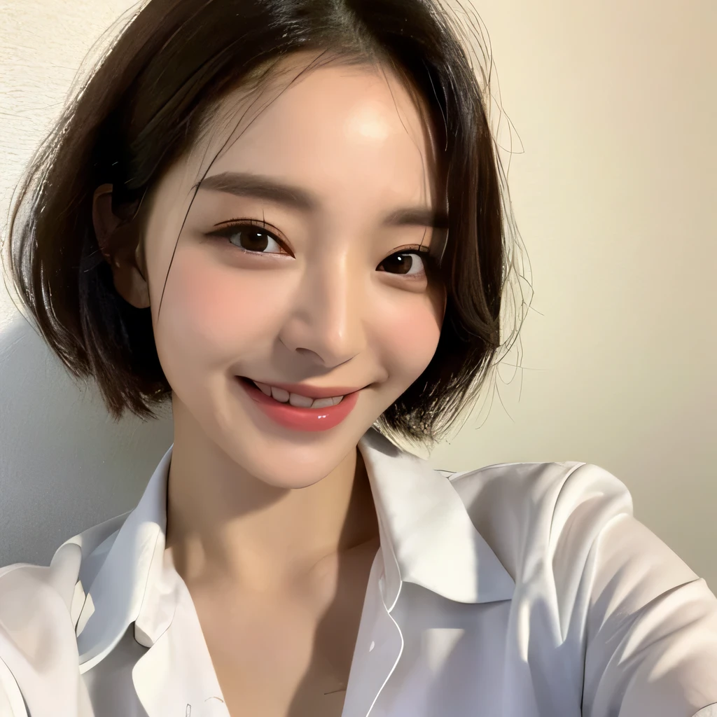 ((highest quality, 8k, masterpiece: 1.3)), sharp focus: 1.2, beautiful woman with perfect figure: 1.4, slim abs: 1.2, (short hairstyles,: 1.2)), (wet white button long shirt: 1.3), rain: 1.3, night street: 1.2, wet body: 1.1, night、 Highly detailed face and skin texture, fine eyes, double eyelid, big breasts, smile, Show your collarbone、beautiful clavicle、Berry Short、shortcut、