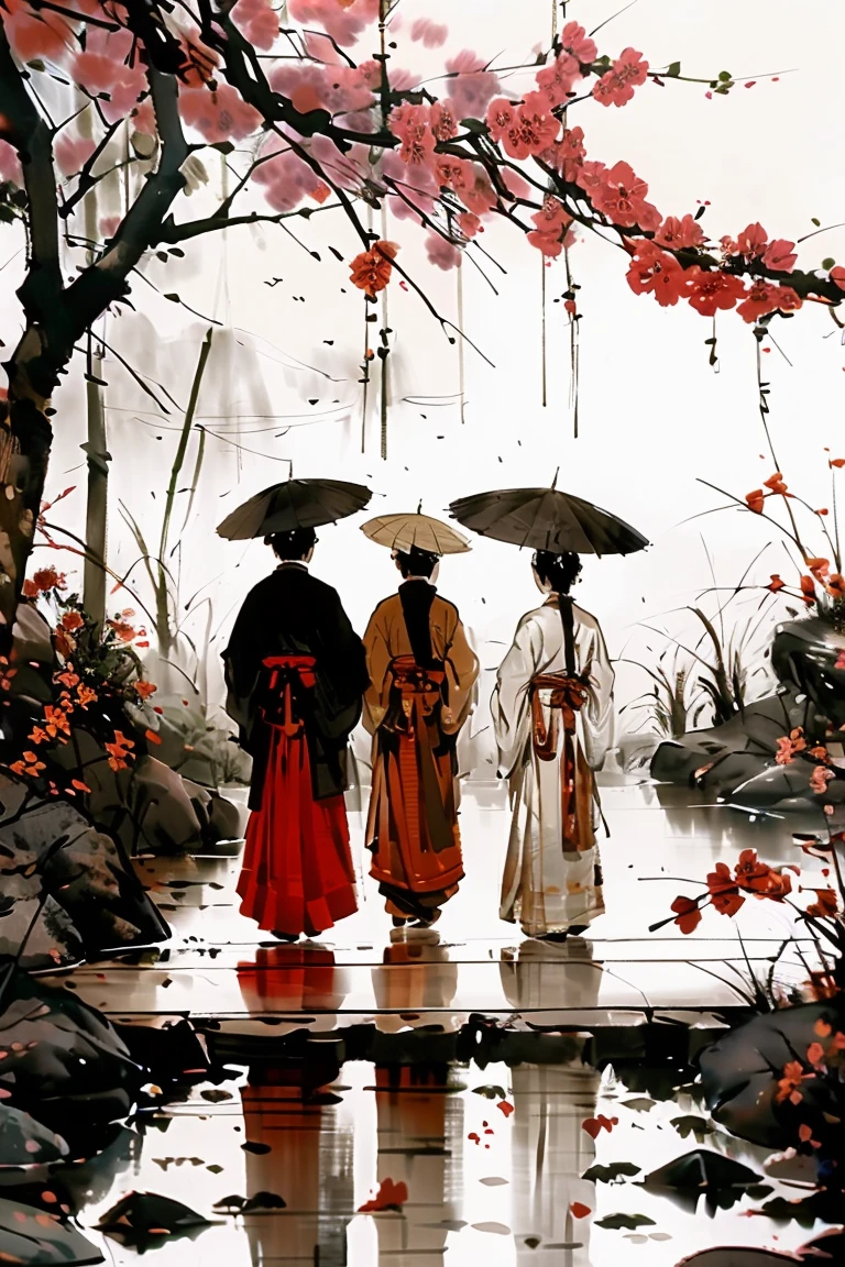 masterpiece,best quality,colorful inkpainting, holding umbrella, multiple boys, black hair, tree, male focus, 2boys, water, standing, from behind, outdoors, reflection, facing away, walking, shared umbrella
